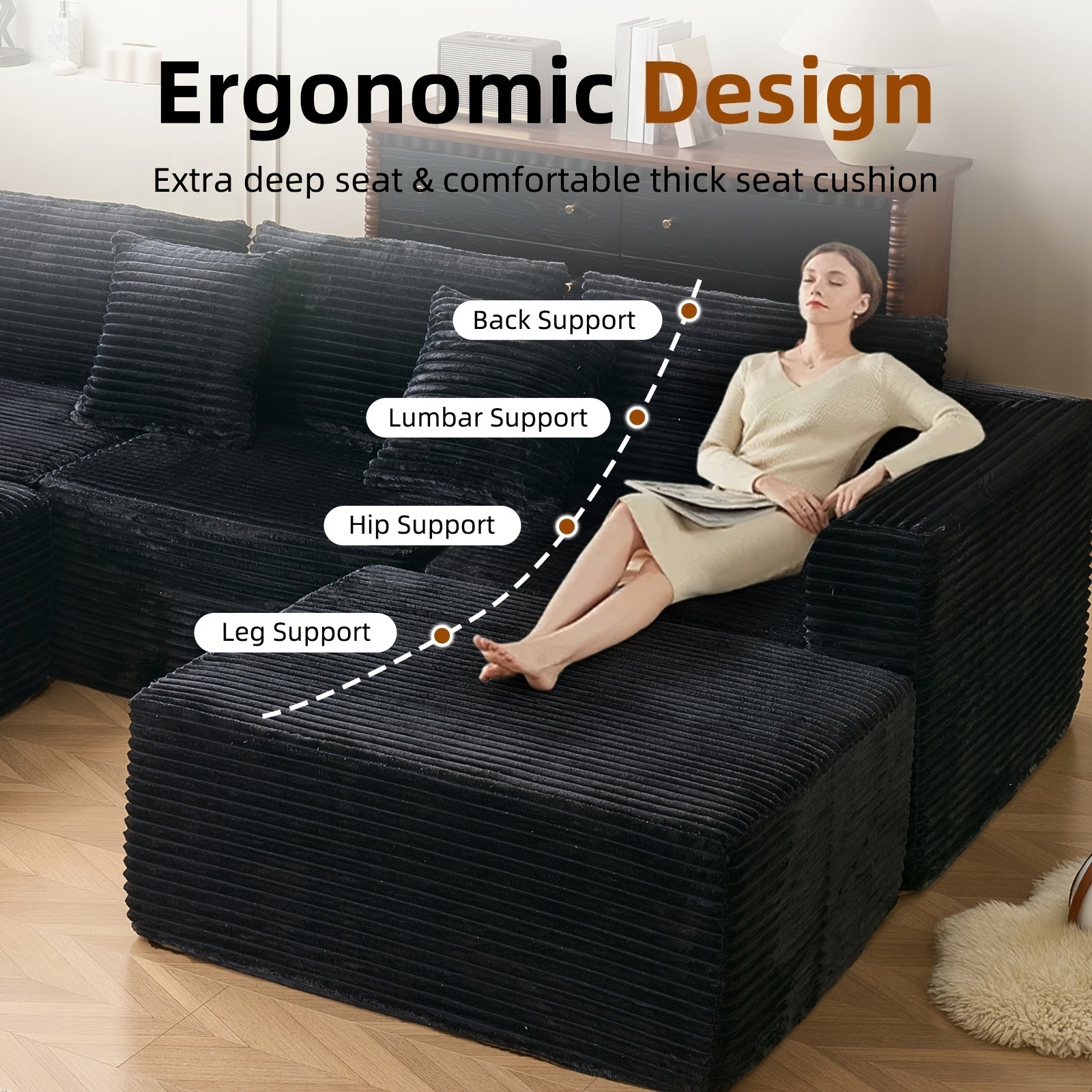 Modular U-Shaped Sofa – Corduroy Sectional with Lounge Chair