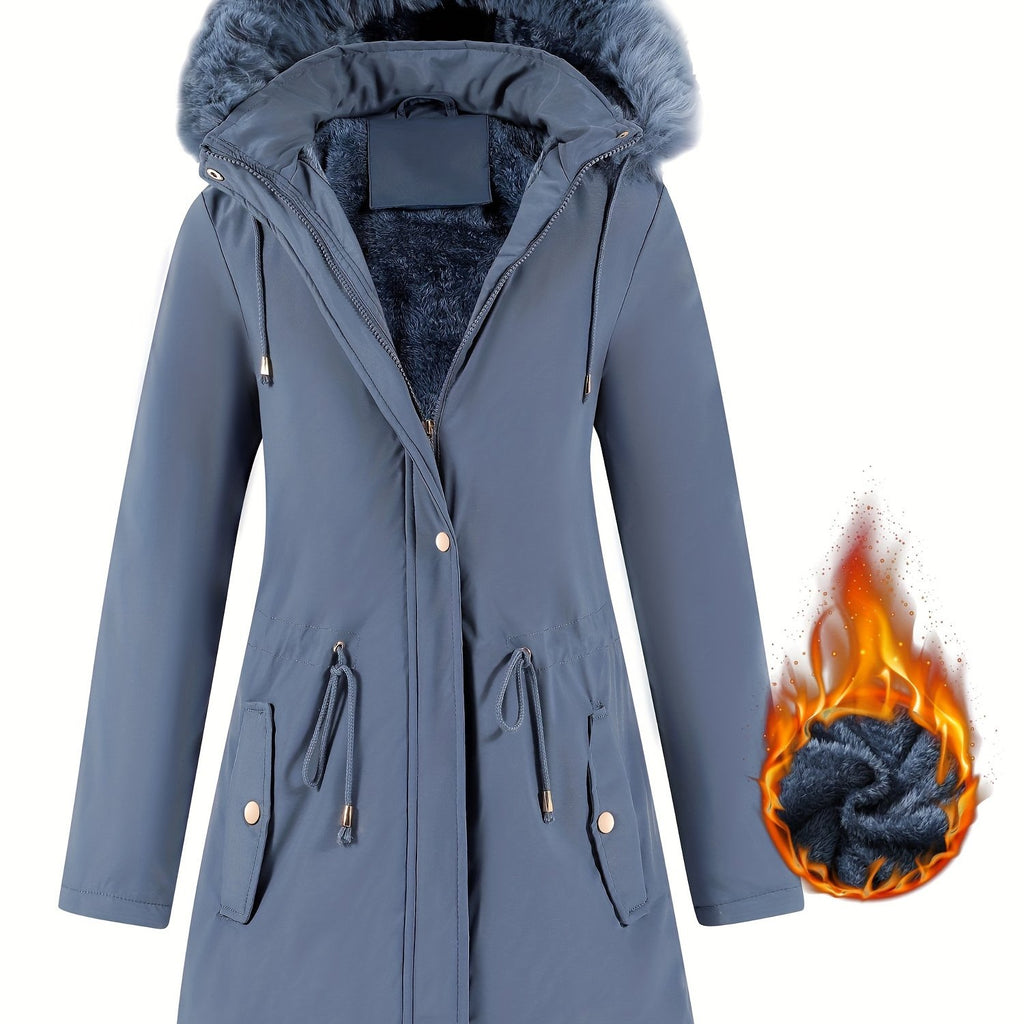 Fleece-Lined Hooded Winter Jacket for Women – Cozy Mid-Length Coat with Fur Trim