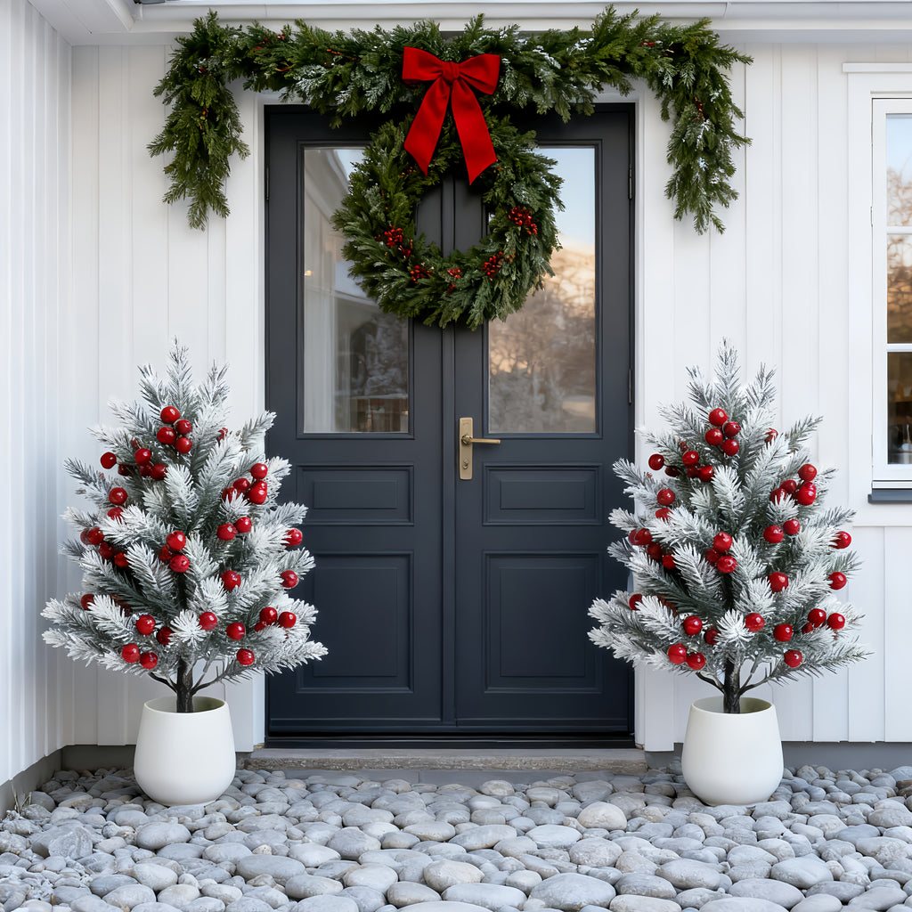 Decorative Artificial Pine Trees with Red Berries – Weatherproof Outdoor Holiday Decor