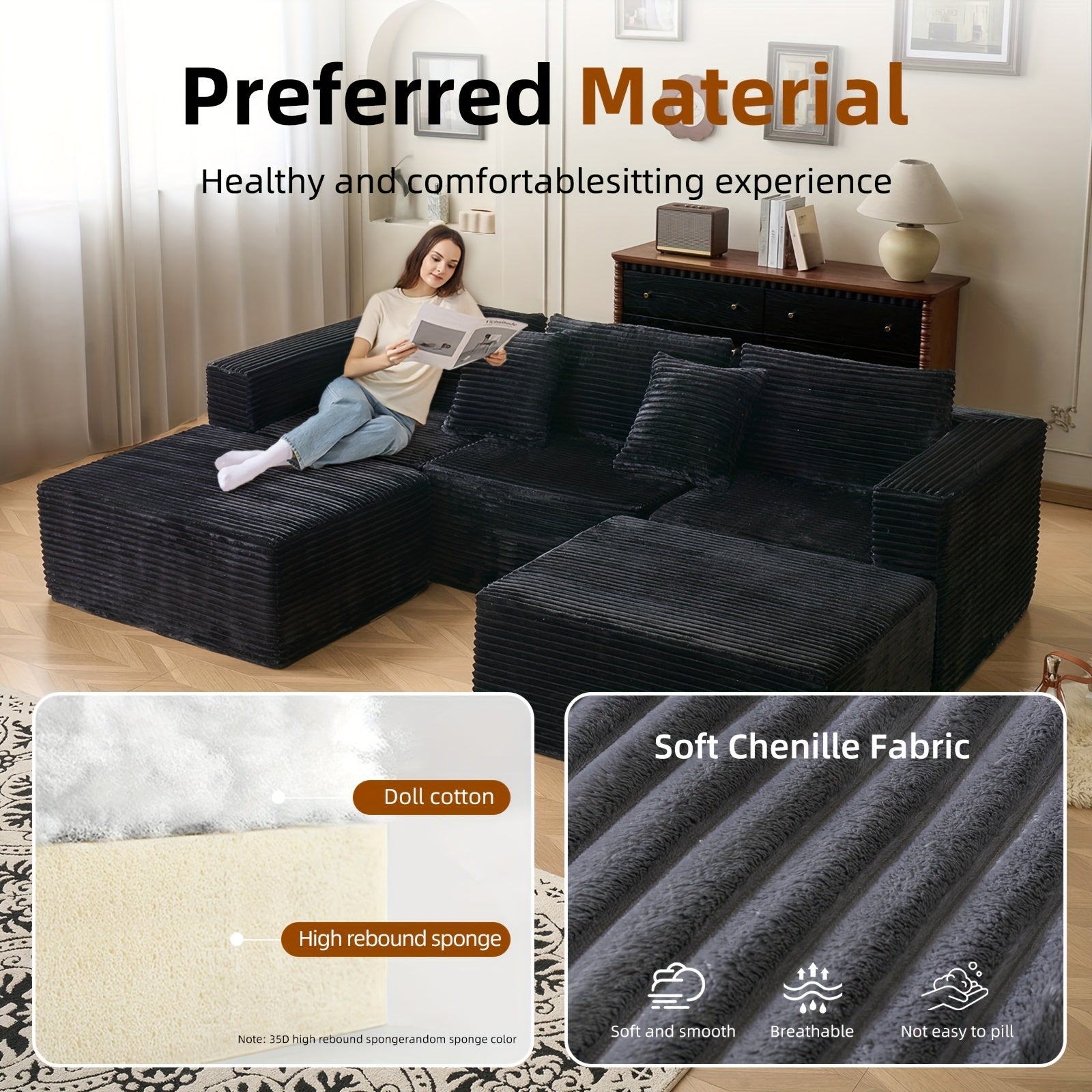 Modular U-Shaped Sofa – Corduroy Sectional with Lounge Chair