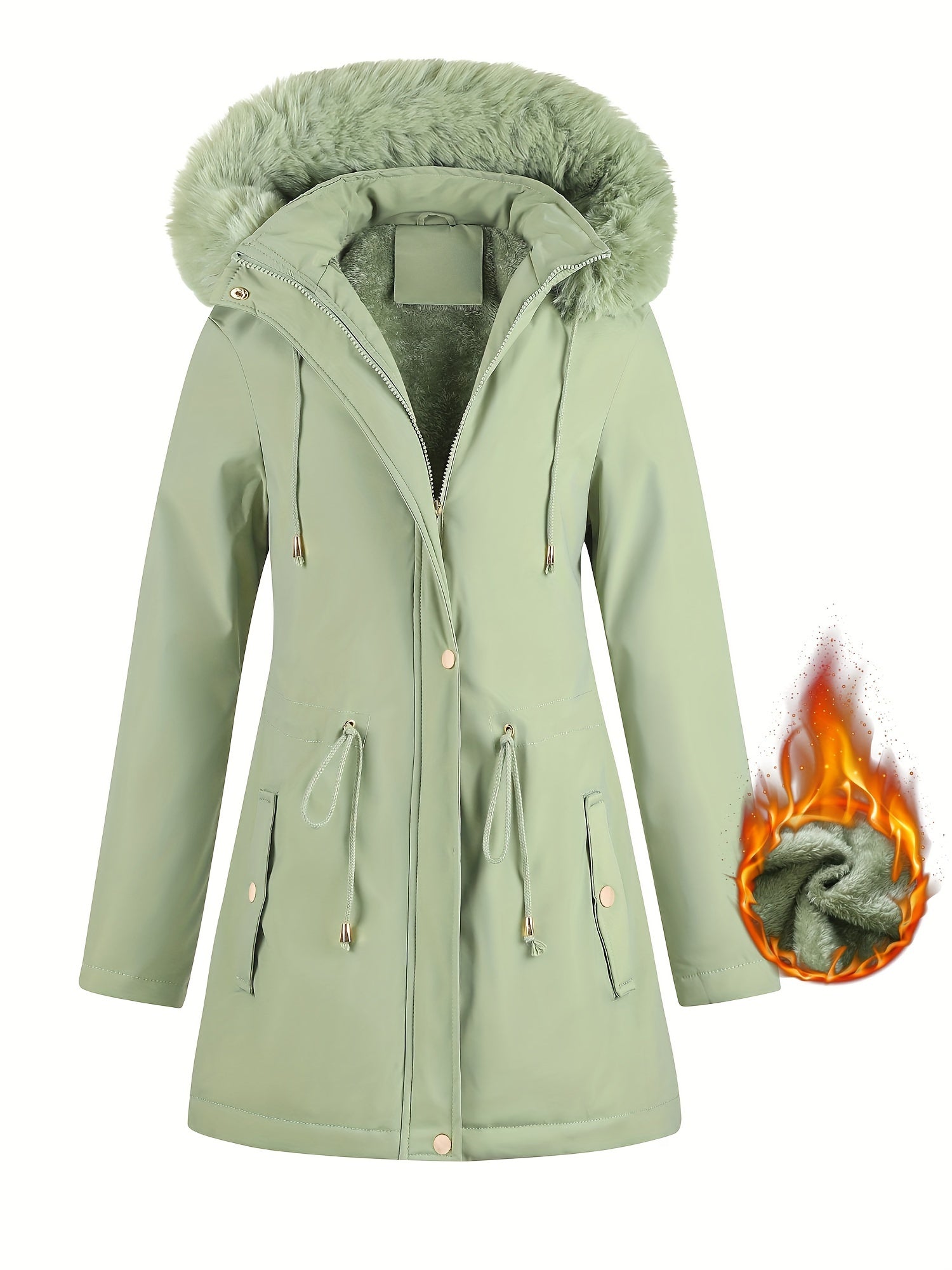 Fleece-Lined Hooded Winter Jacket for Women – Cozy Mid-Length Coat with Fur Trim