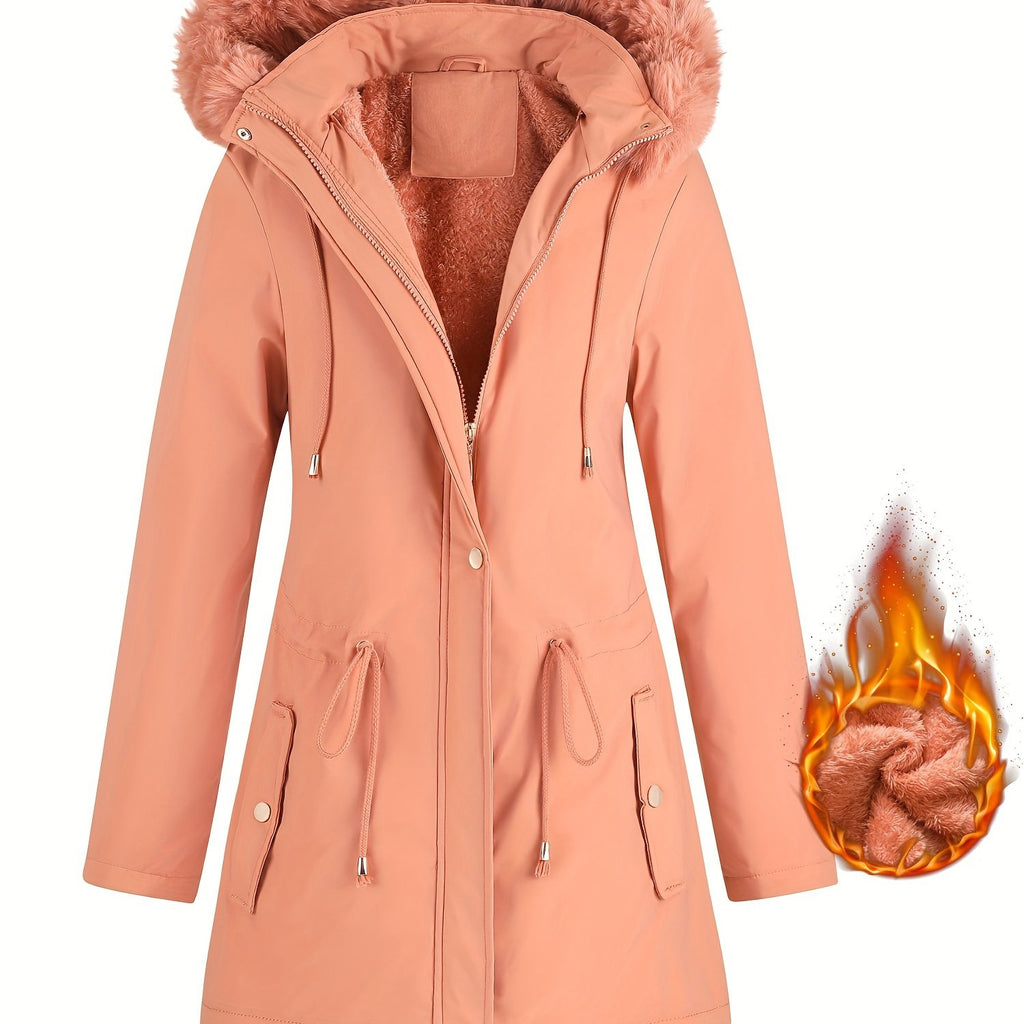 Fleece-Lined Hooded Winter Jacket for Women – Cozy Mid-Length Coat with Fur Trim