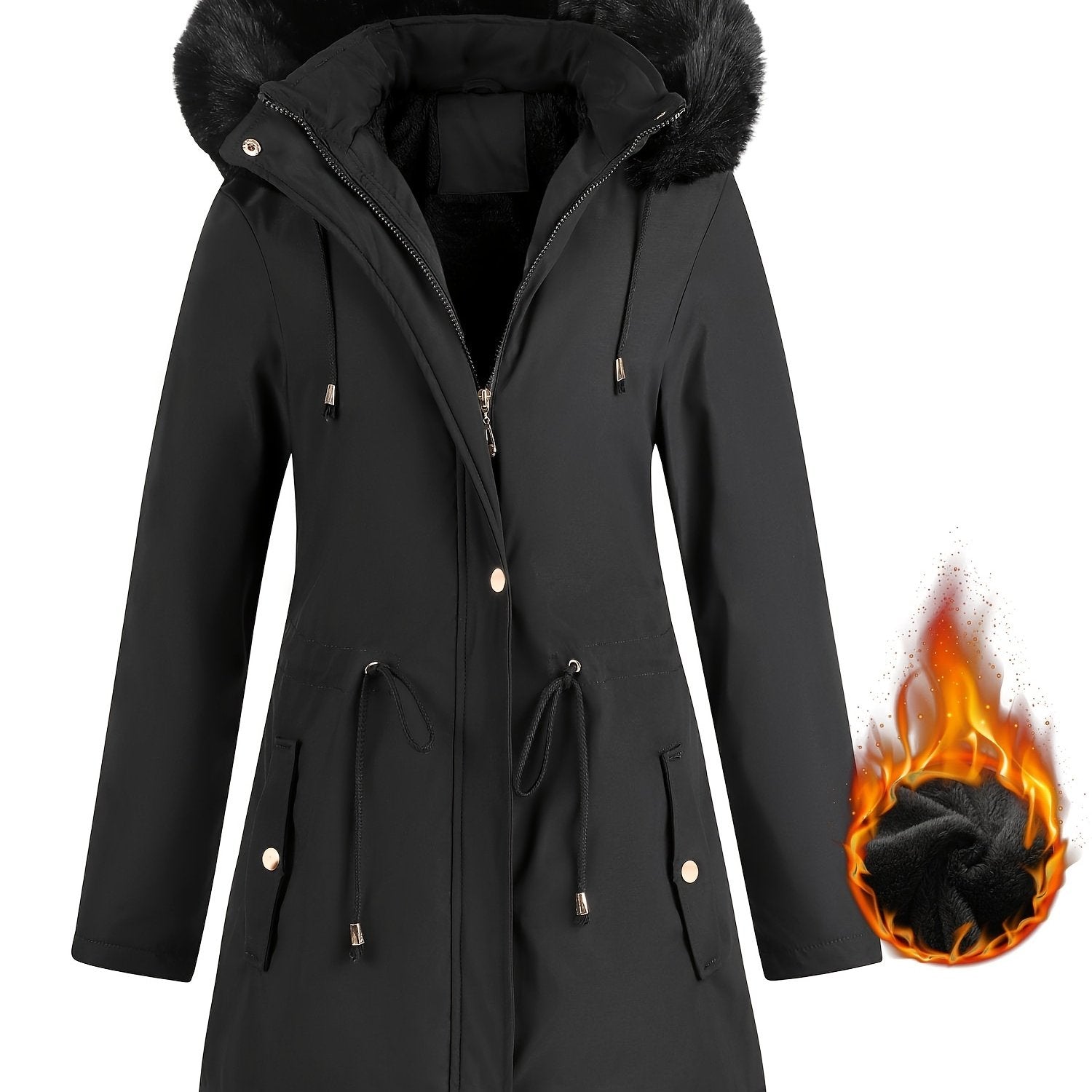Fleece-Lined Hooded Winter Jacket for Women – Cozy Mid-Length Coat with Fur Trim
