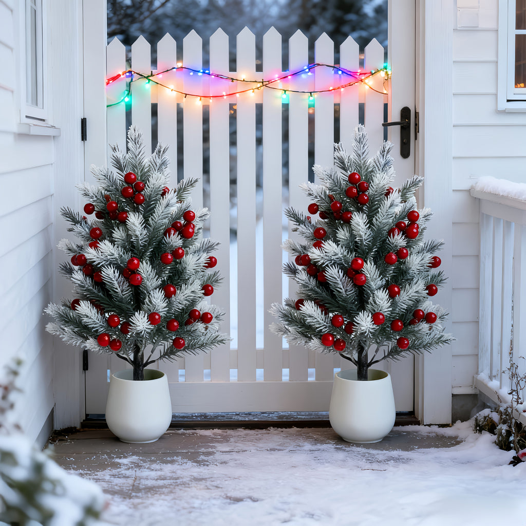 Decorative Artificial Pine Trees with Red Berries – Weatherproof Outdoor Holiday Decor