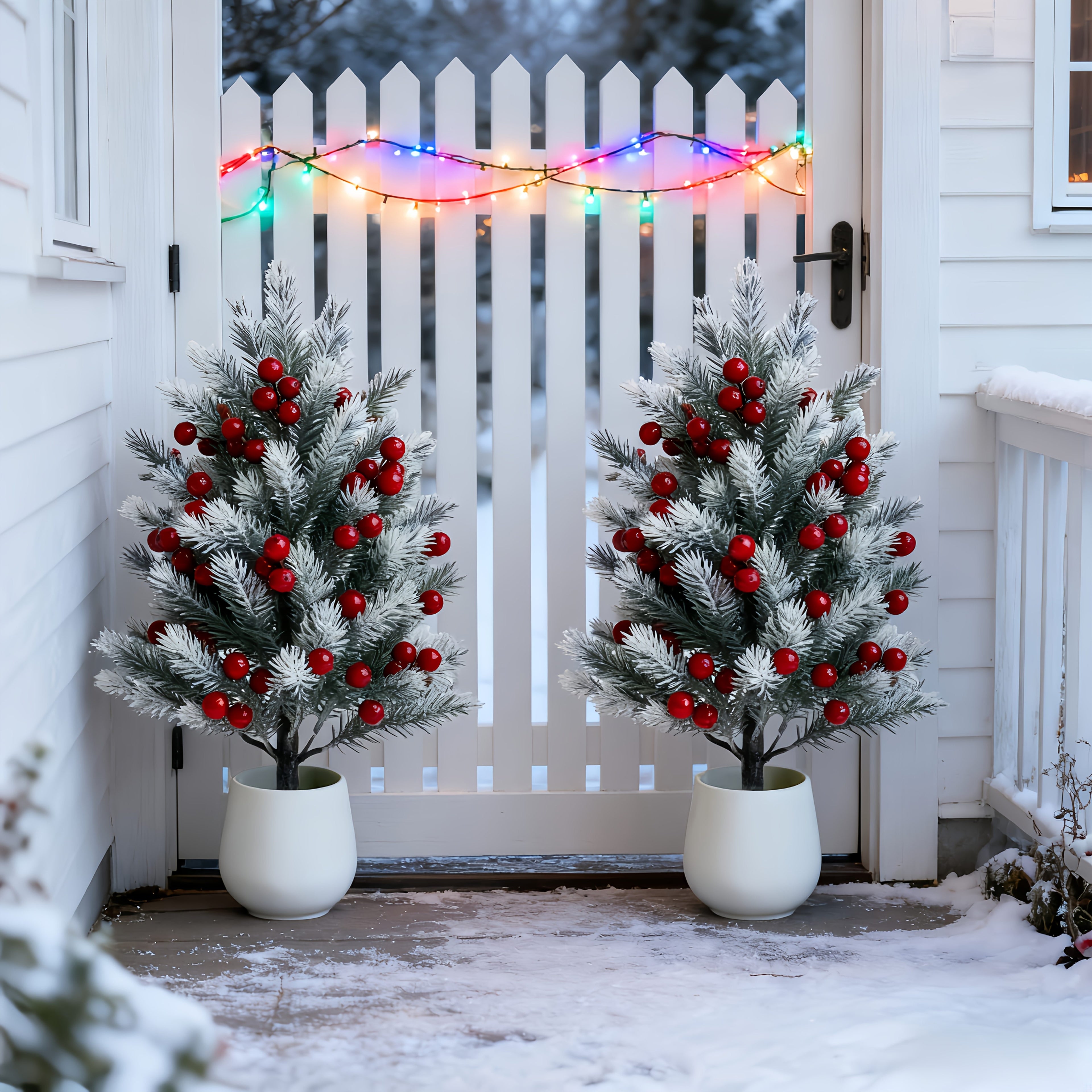Decorative Artificial Pine Trees with Red Berries – Weatherproof Outdoor Holiday Decor