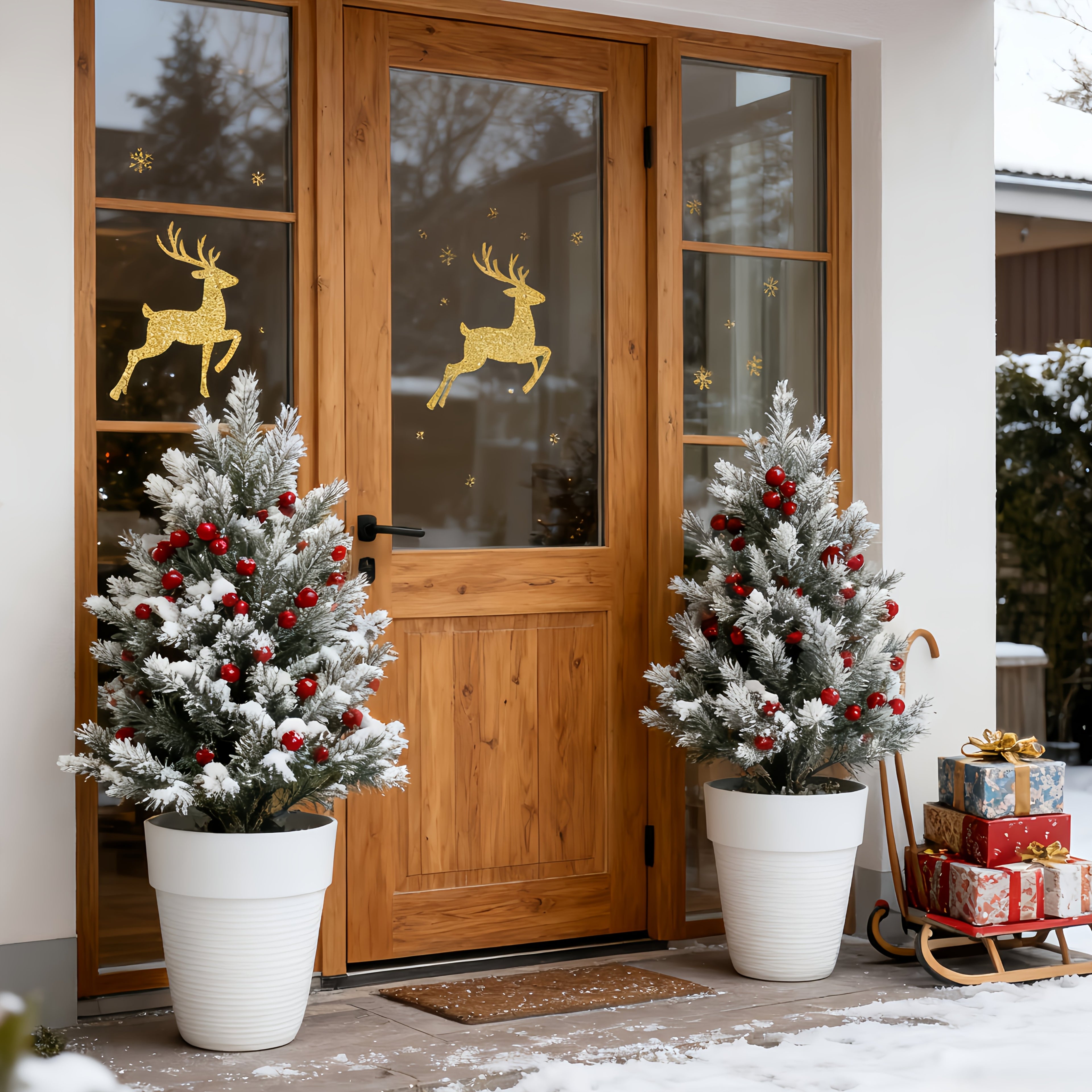 Decorative Artificial Pine Trees with Red Berries – Weatherproof Outdoor Holiday Decor