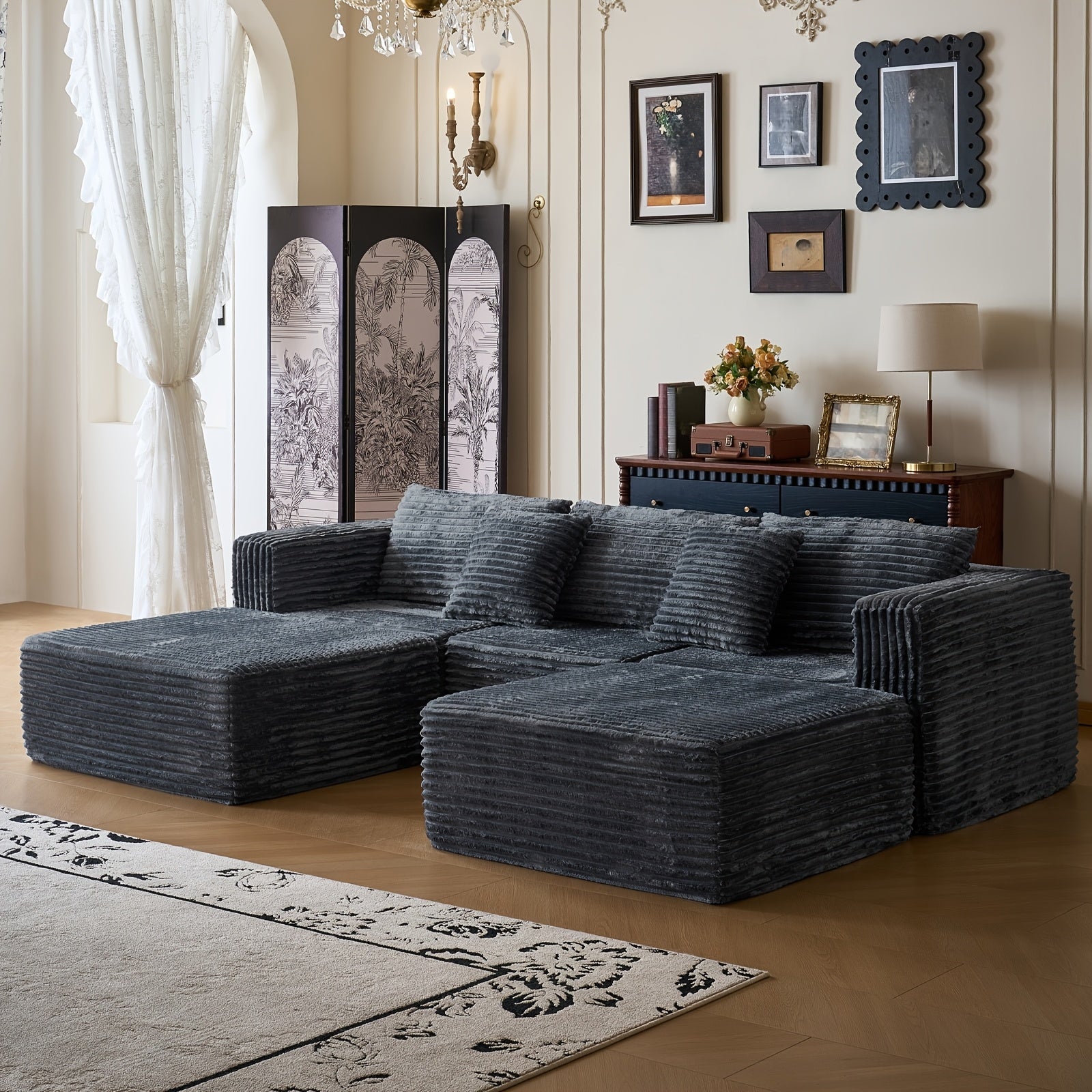 Modular U-Shaped Sofa – Corduroy Sectional with Lounge Chair