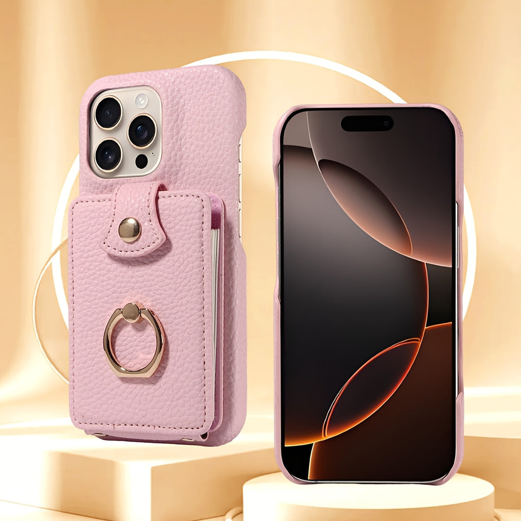 Faux Leather Flip Case for iPhone – Crossbody Wallet with Card Slots and Ring Holder