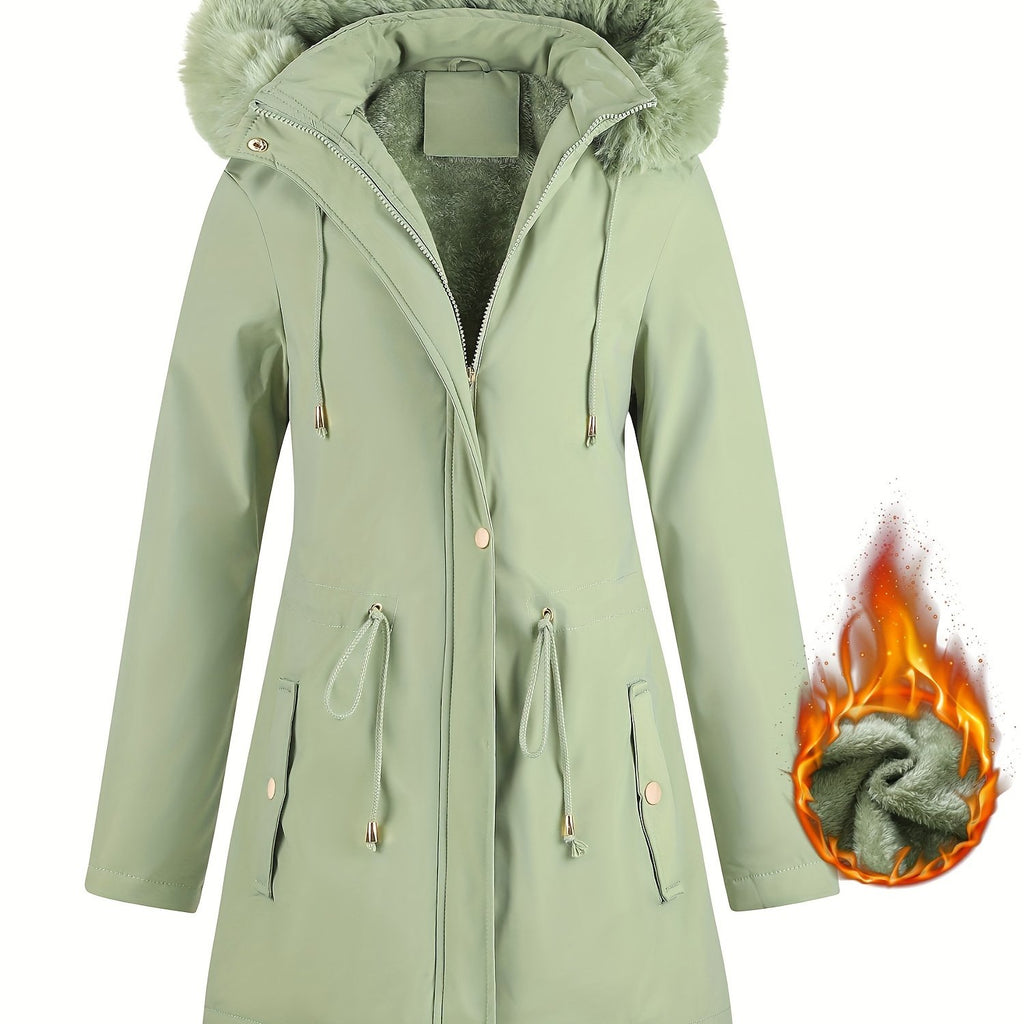 Fleece-Lined Hooded Winter Jacket for Women – Cozy Mid-Length Coat with Fur Trim