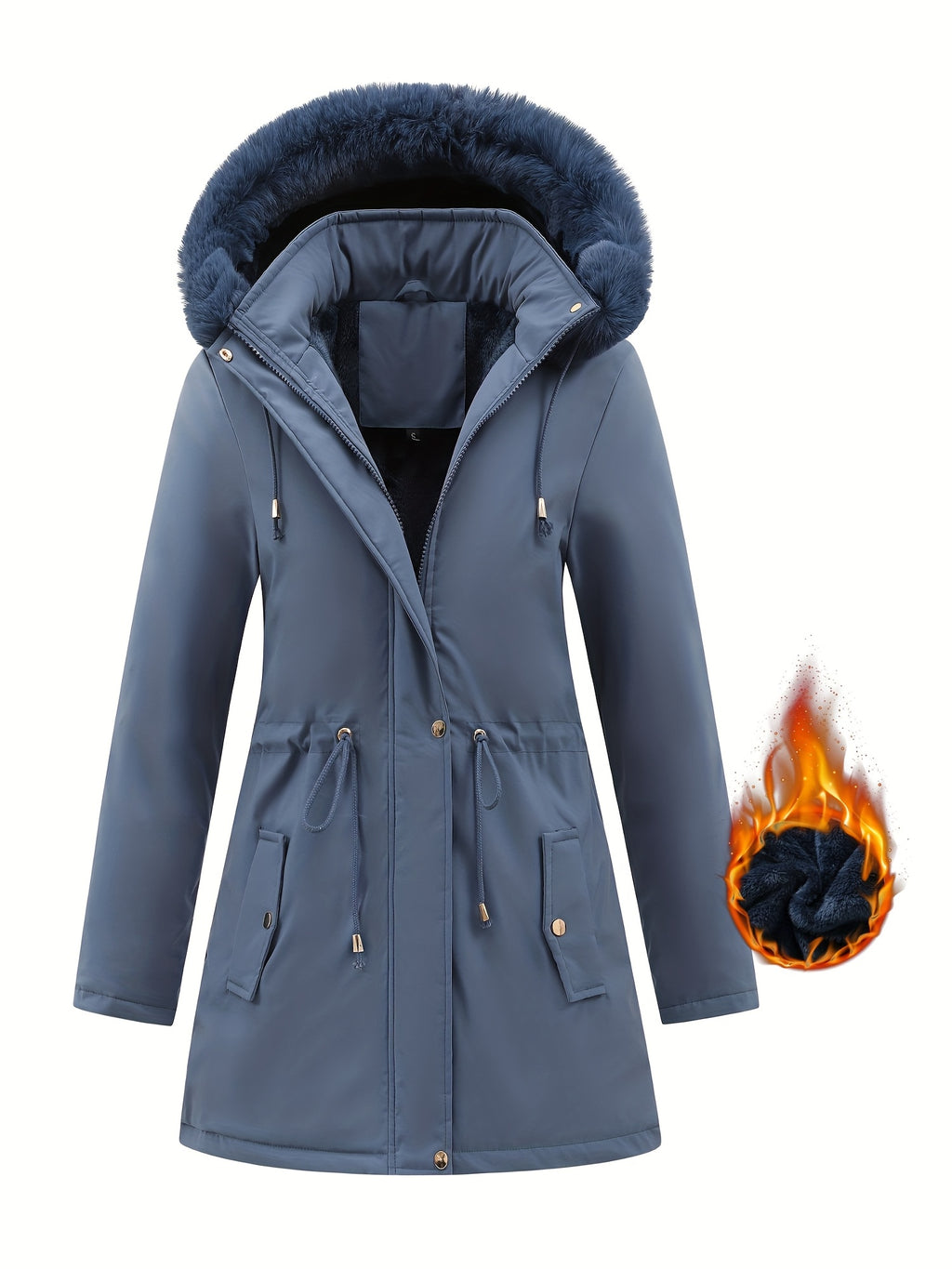 Fleece-Lined Hooded Winter Jacket for Women – Cozy Mid-Length Coat with Fur Trim