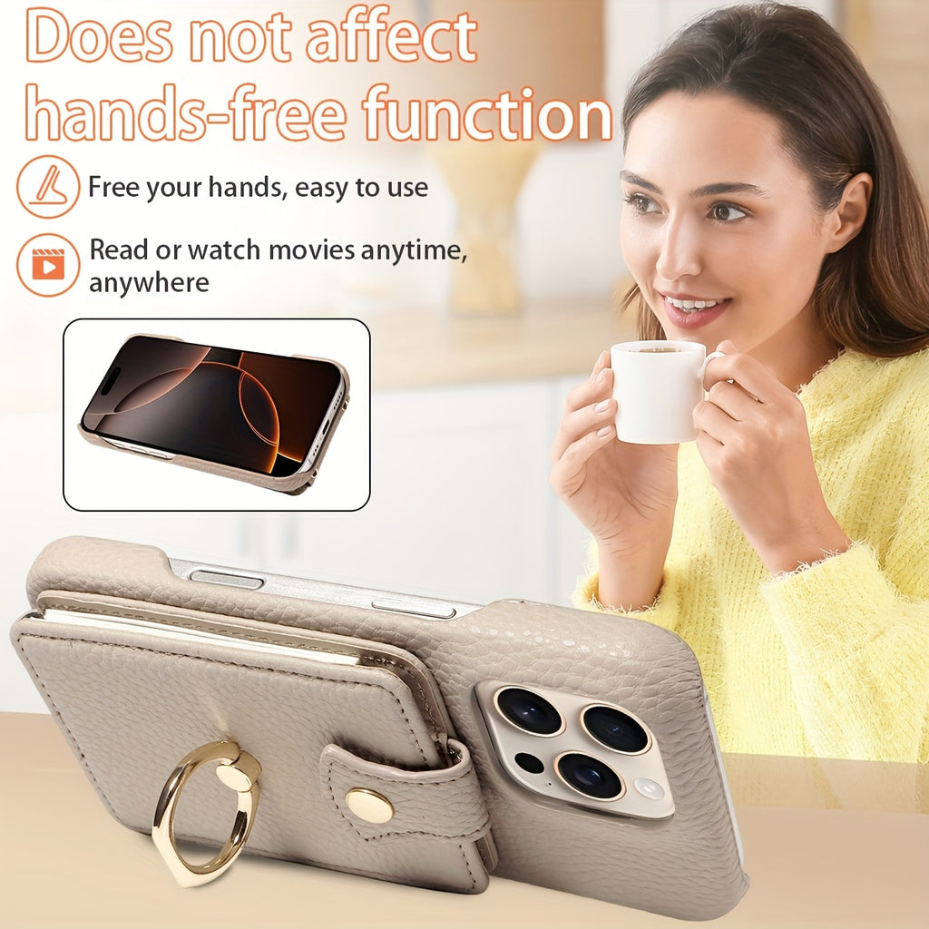 Faux Leather Flip Case for iPhone – Crossbody Wallet with Card Slots and Ring Holder