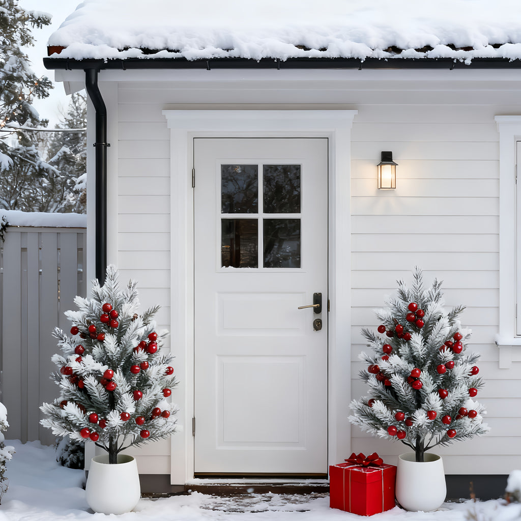 Decorative Artificial Pine Trees with Red Berries – Weatherproof Outdoor Holiday Decor