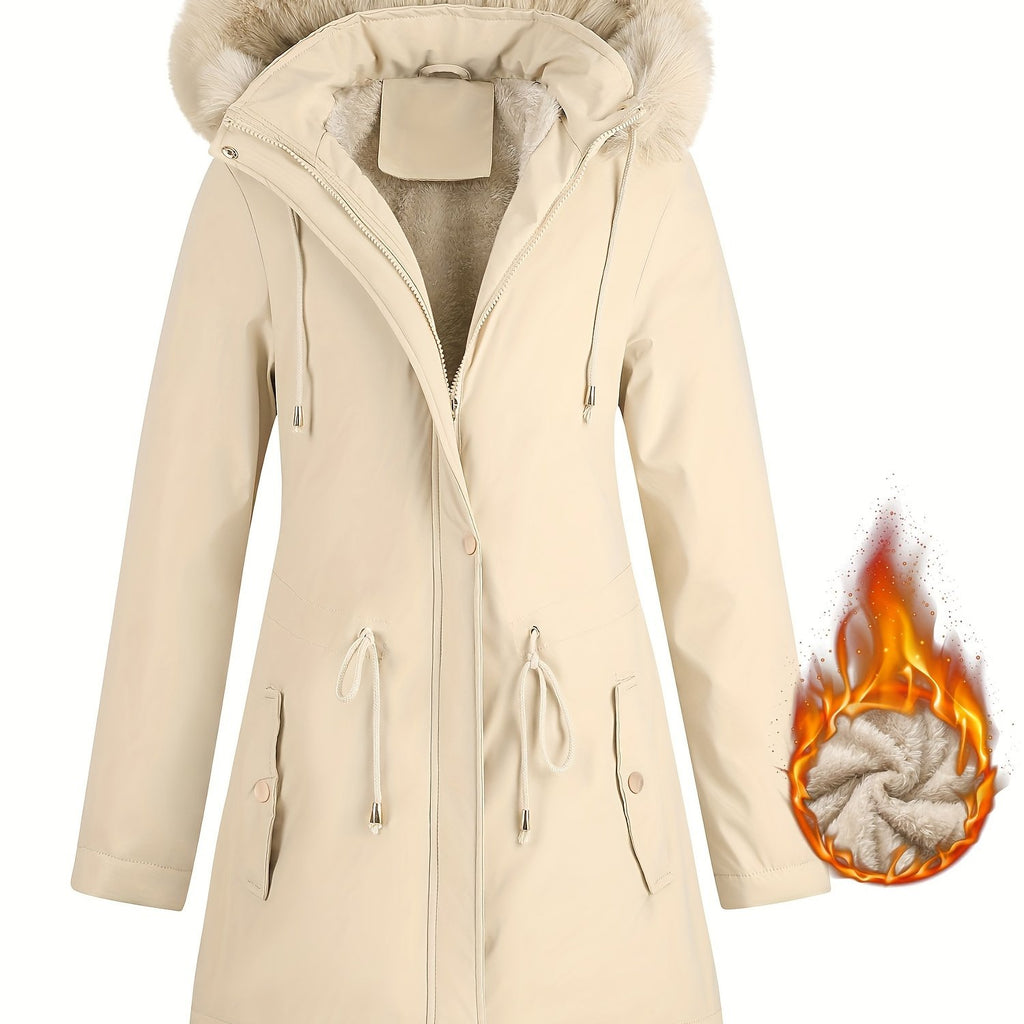 Fleece-Lined Hooded Winter Jacket for Women – Cozy Mid-Length Coat with Fur Trim