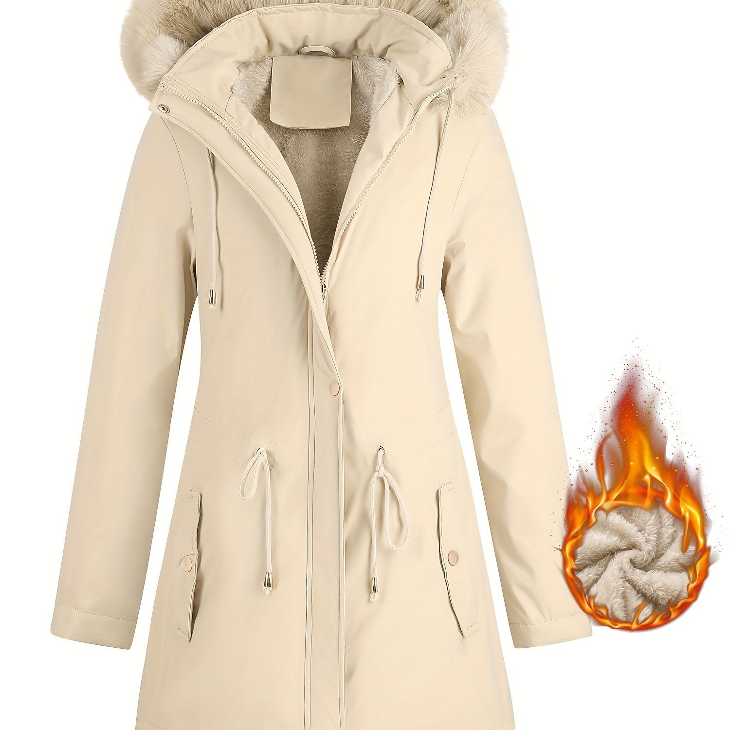 Fleece-Lined Hooded Winter Jacket for Women – Cozy Mid-Length Coat with Fur Trim