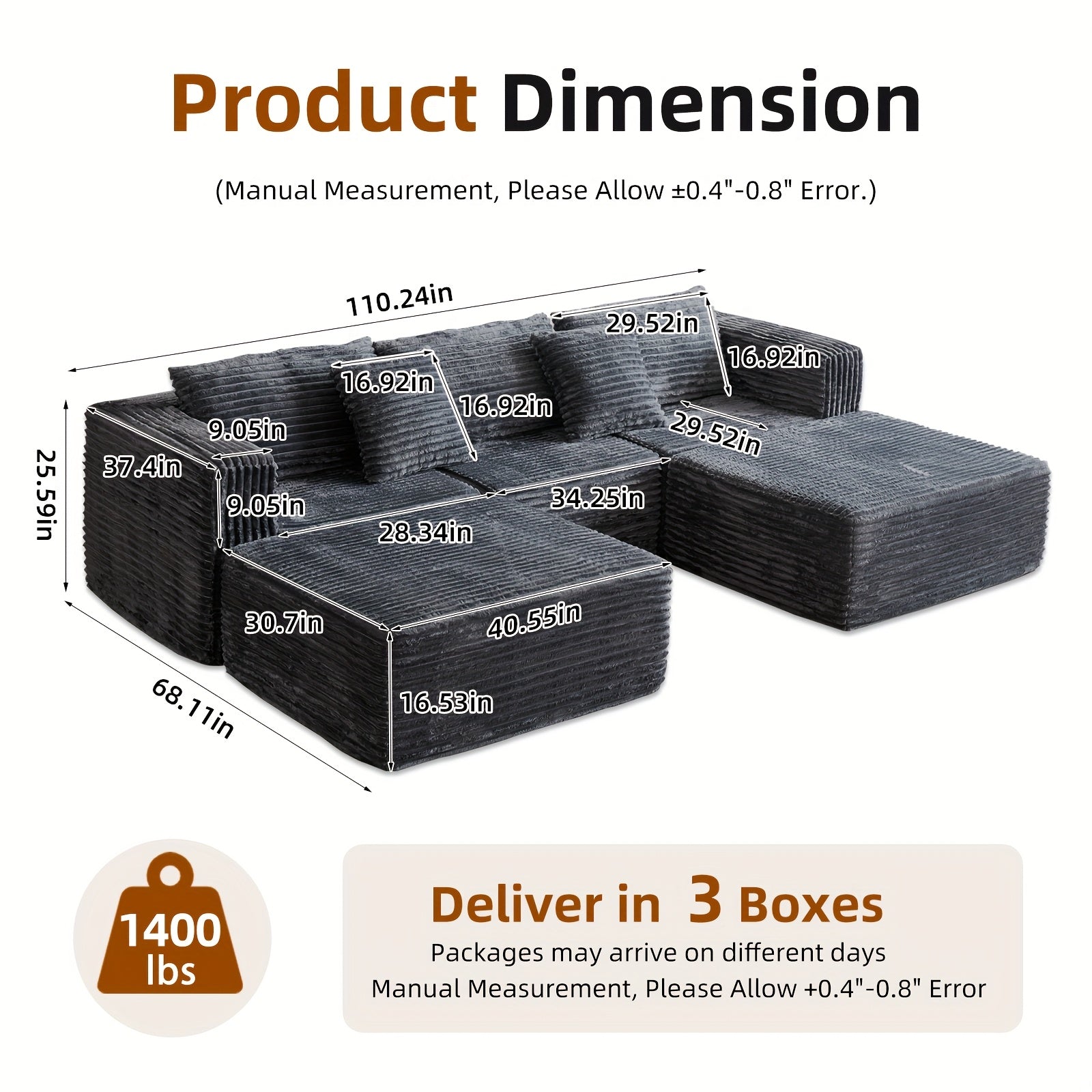 Modular U-Shaped Sofa – Corduroy Sectional with Lounge Chair