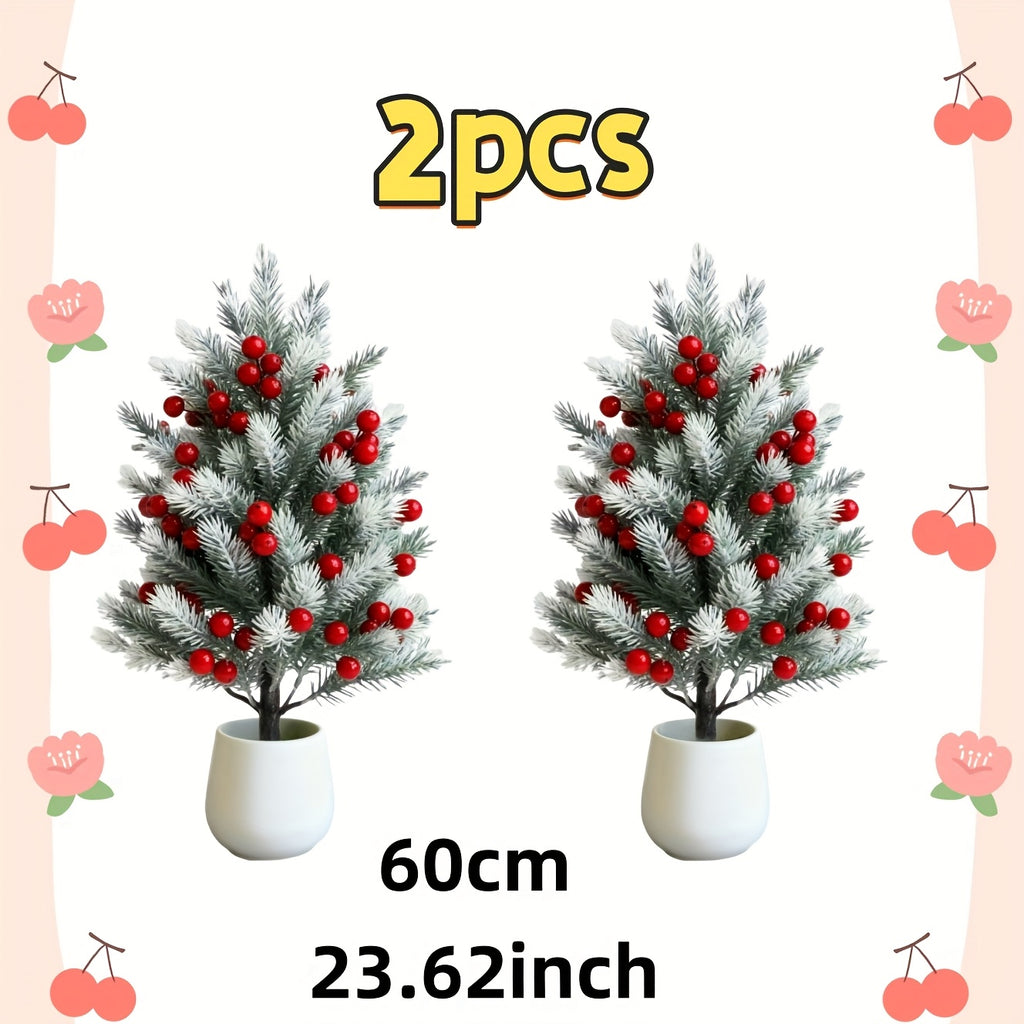 Decorative Artificial Pine Trees with Red Berries – Weatherproof Outdoor Holiday Decor