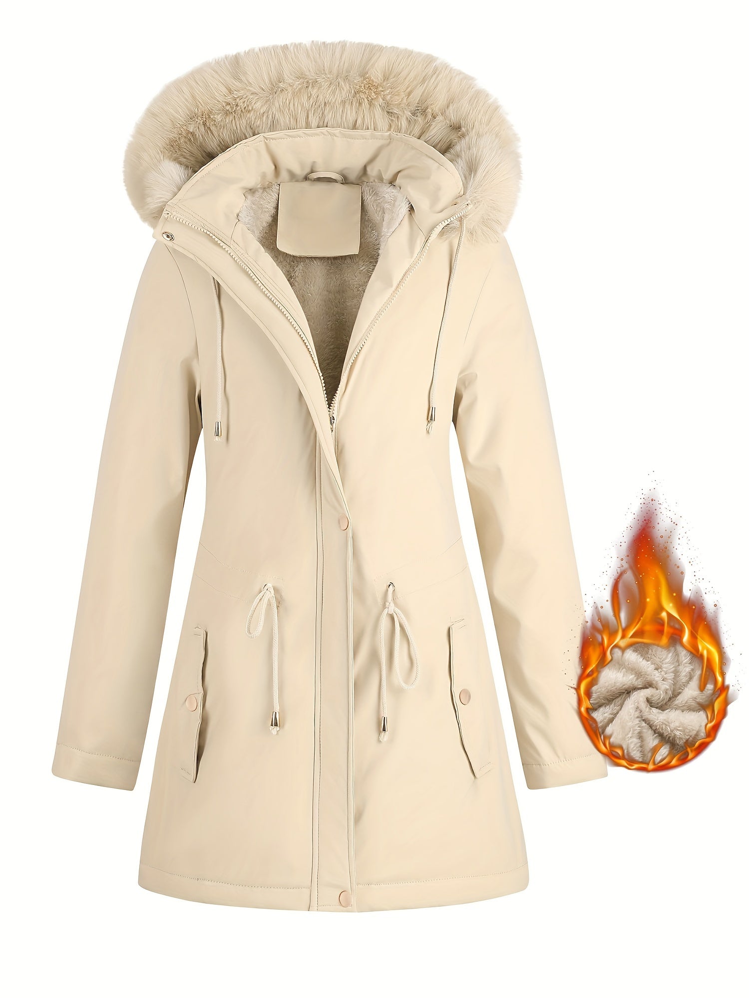 Fleece-Lined Hooded Winter Jacket for Women – Cozy Mid-Length Coat with Fur Trim