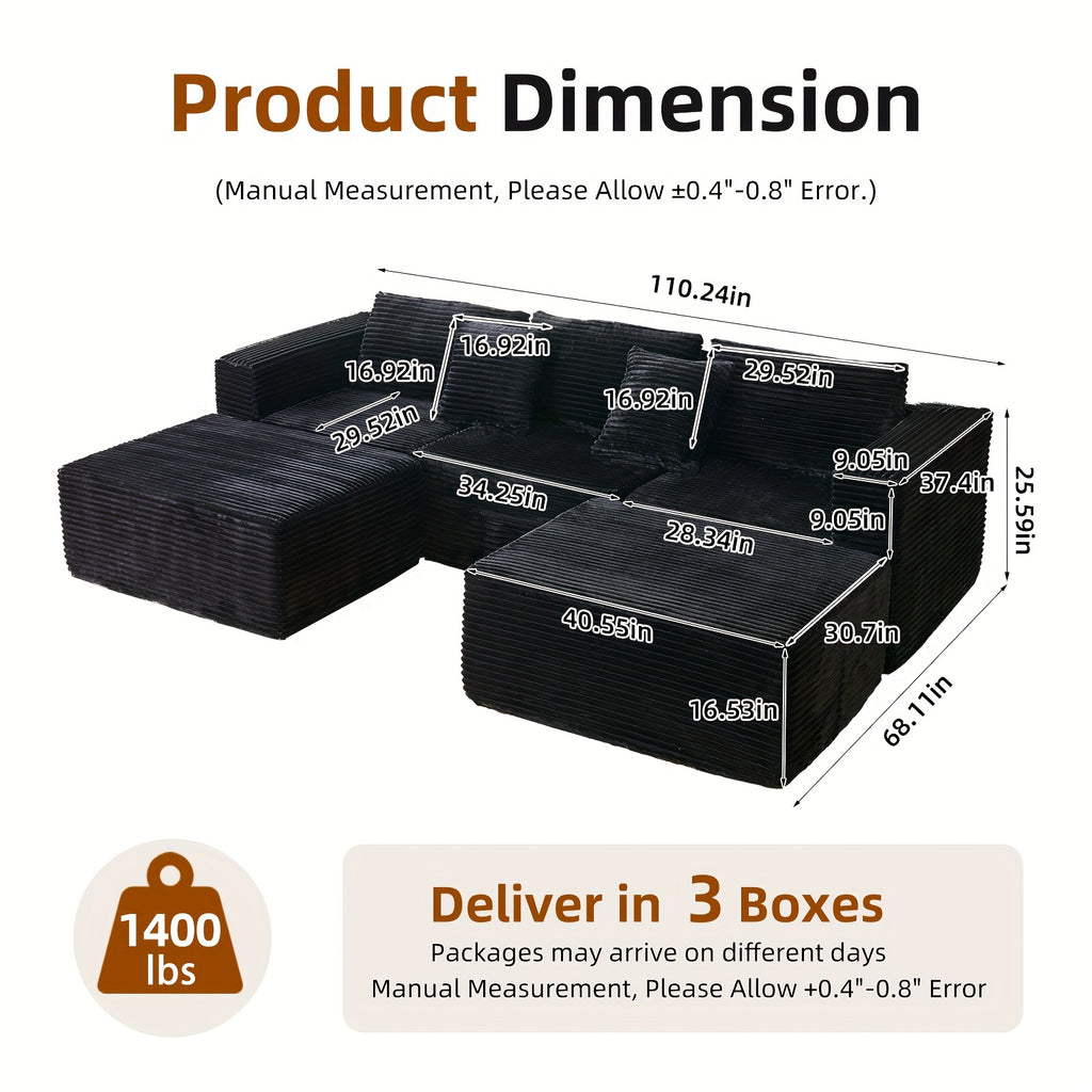 Modular U-Shaped Sofa – Corduroy Sectional with Lounge Chair