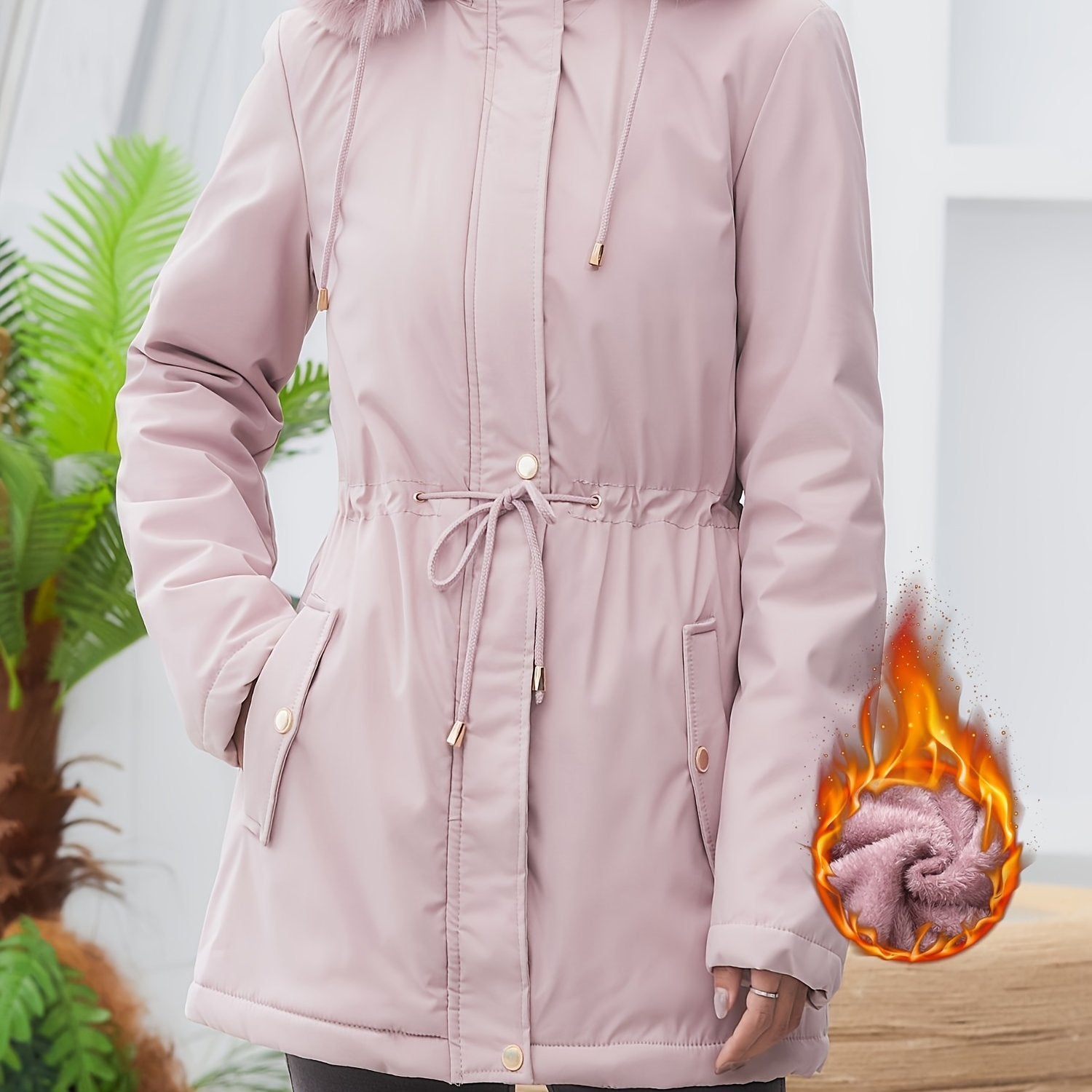 Fleece-Lined Hooded Winter Jacket for Women – Cozy Mid-Length Coat with Fur Trim
