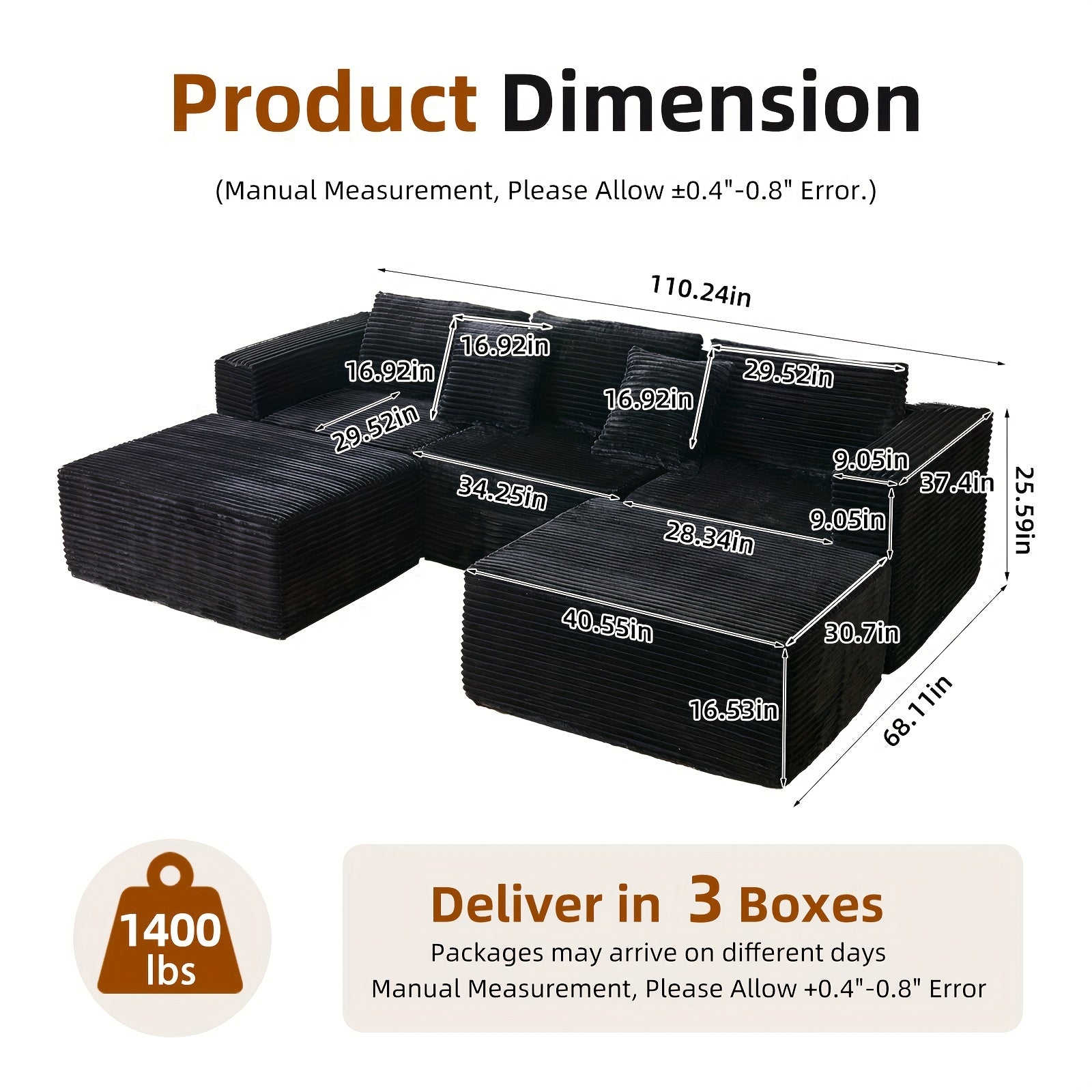 Modular U-Shaped Sofa – Corduroy Sectional with Lounge Chair