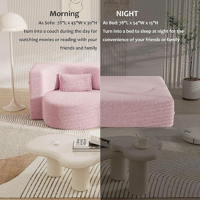 Convertible Floor Sofa Bed – Soft Teddy Fabric with Foam Mattress and Pillows