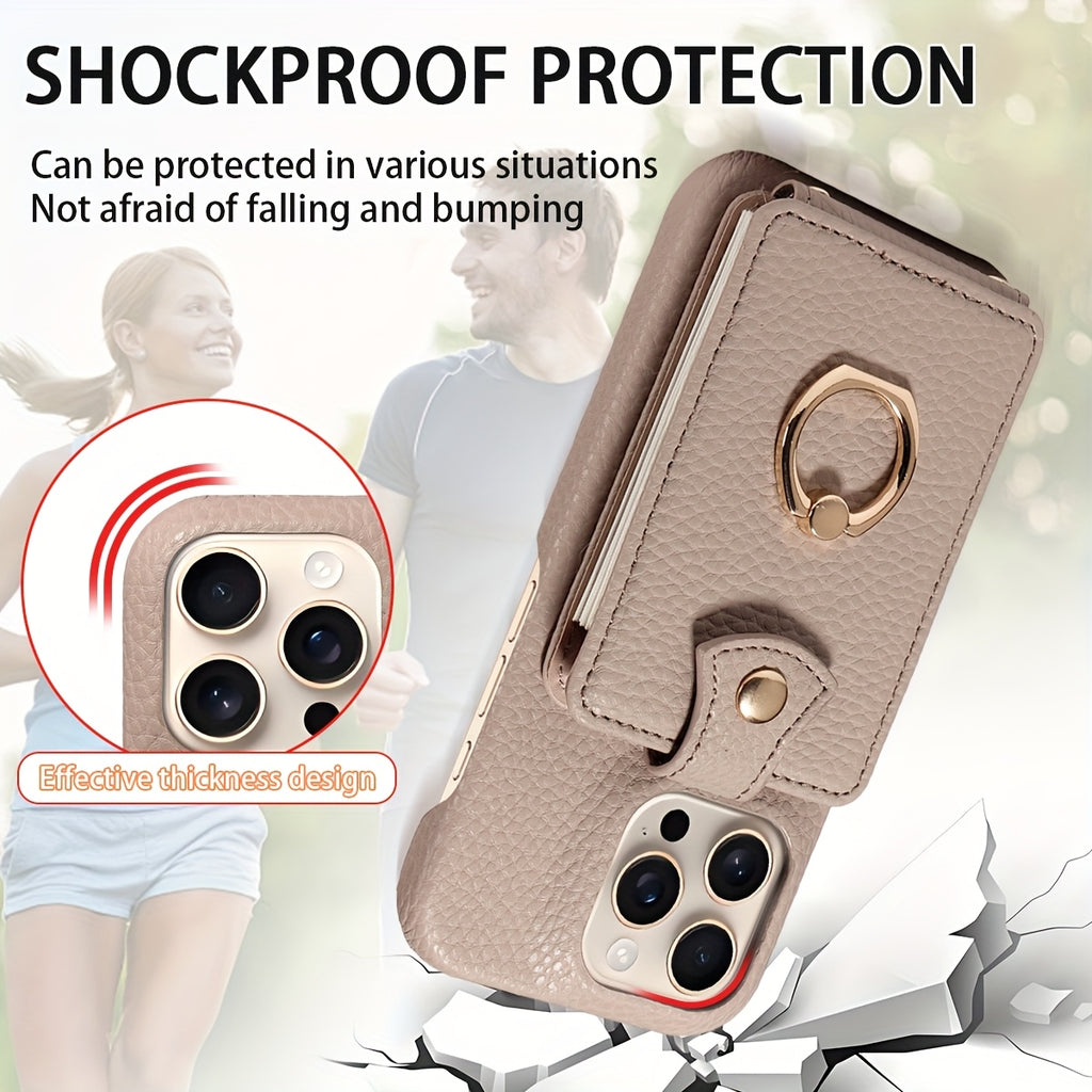 Faux Leather Flip Case for iPhone – Crossbody Wallet with Card Slots and Ring Holder