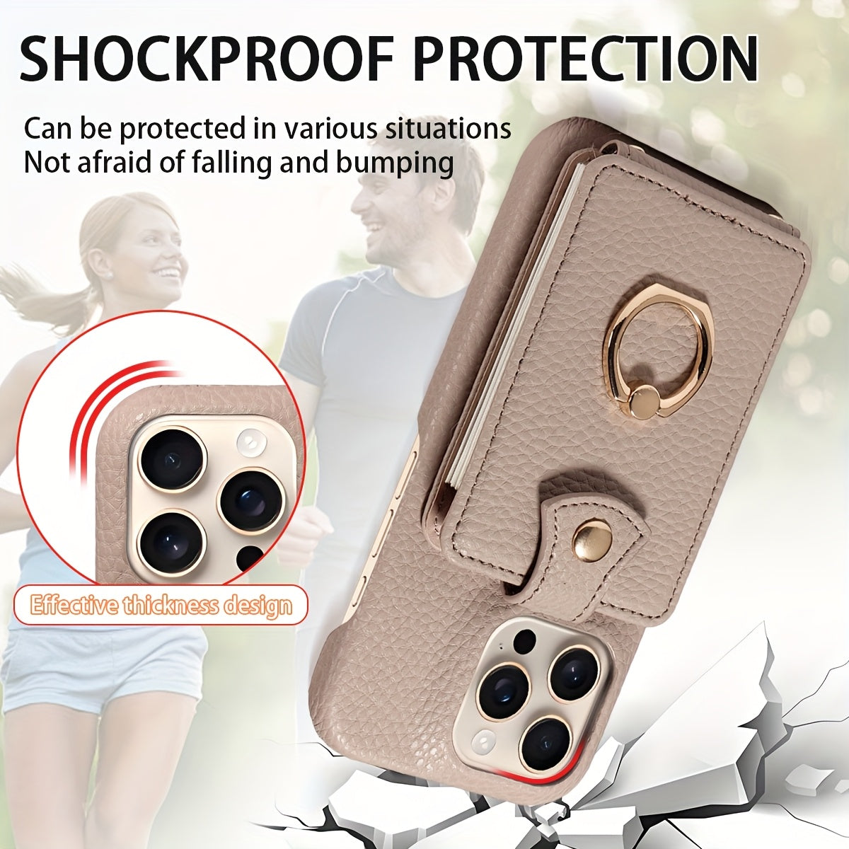 Faux Leather Flip Case for iPhone – Crossbody Wallet with Card Slots and Ring Holder