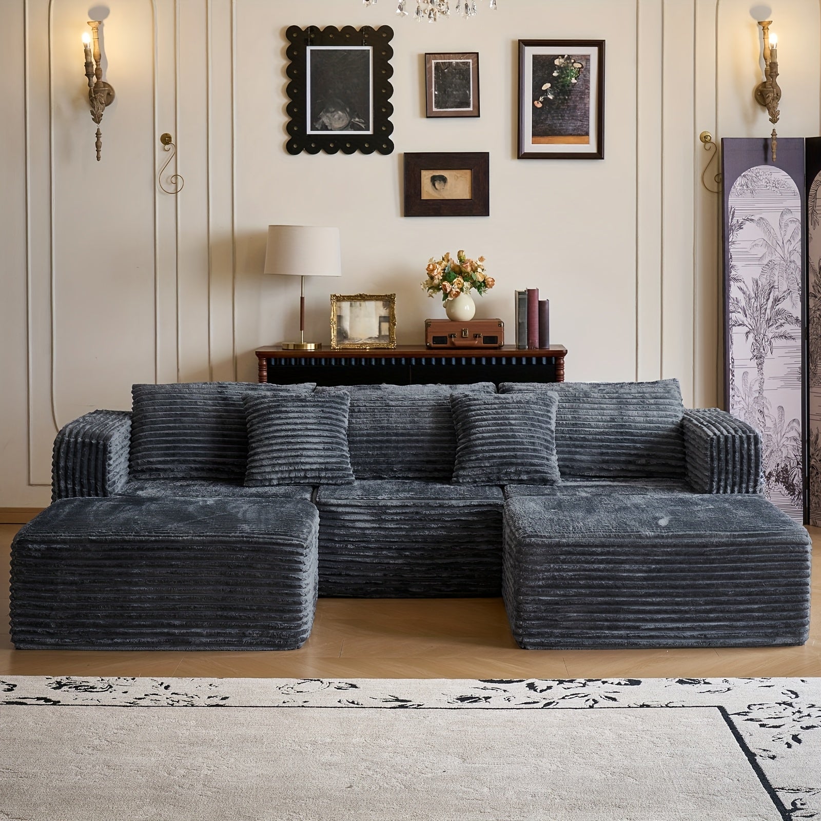 Modular U-Shaped Sofa – Corduroy Sectional with Lounge Chair