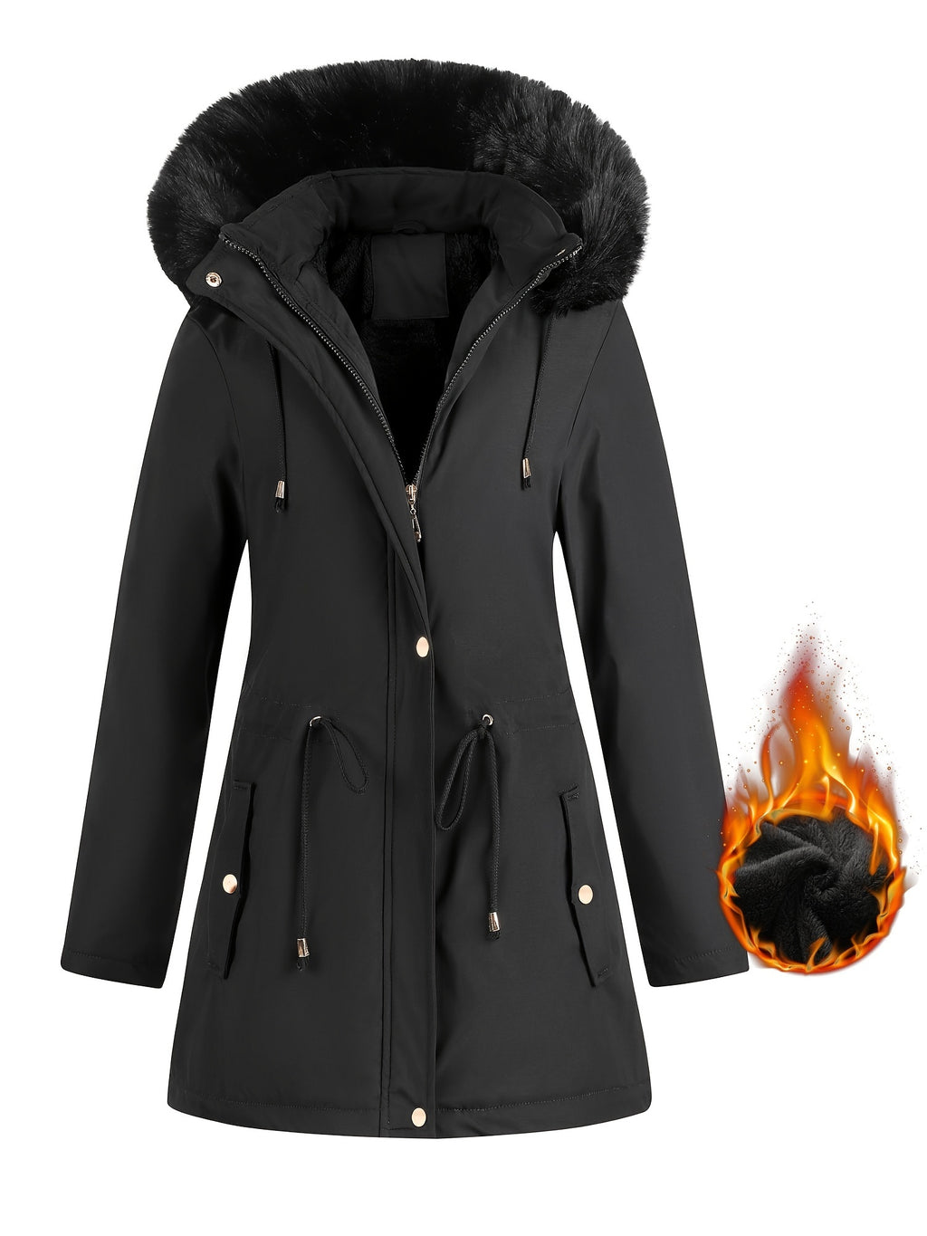 Fleece-Lined Hooded Winter Jacket for Women – Cozy Mid-Length Coat with Fur Trim