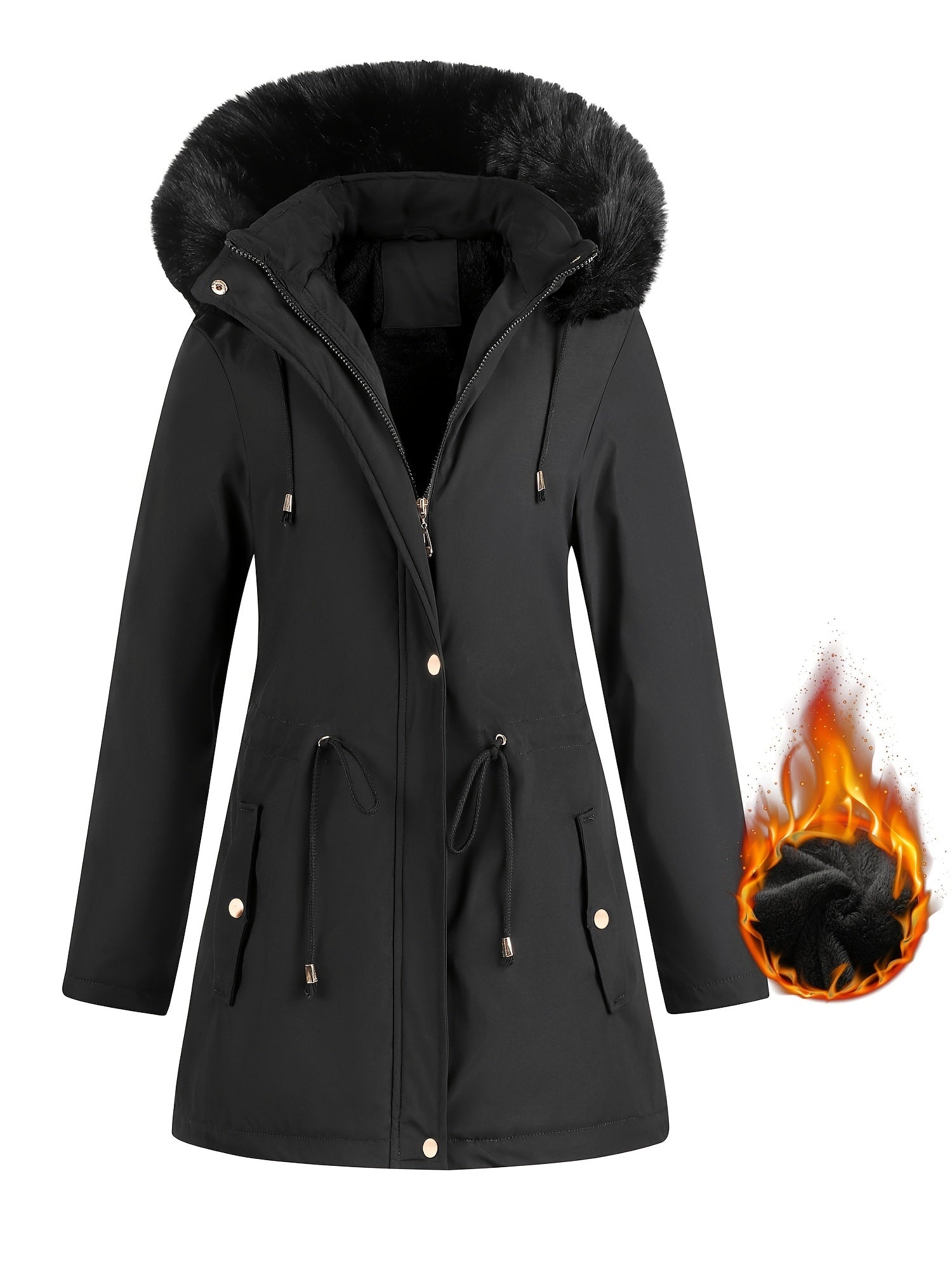 Fleece-Lined Hooded Winter Jacket for Women – Cozy Mid-Length Coat with Fur Trim