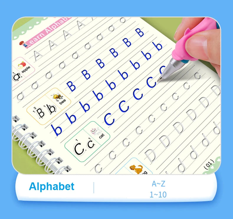 4pcs Reusable Magic Copybook Set for Kids – Handwriting Practice & Groove Guide