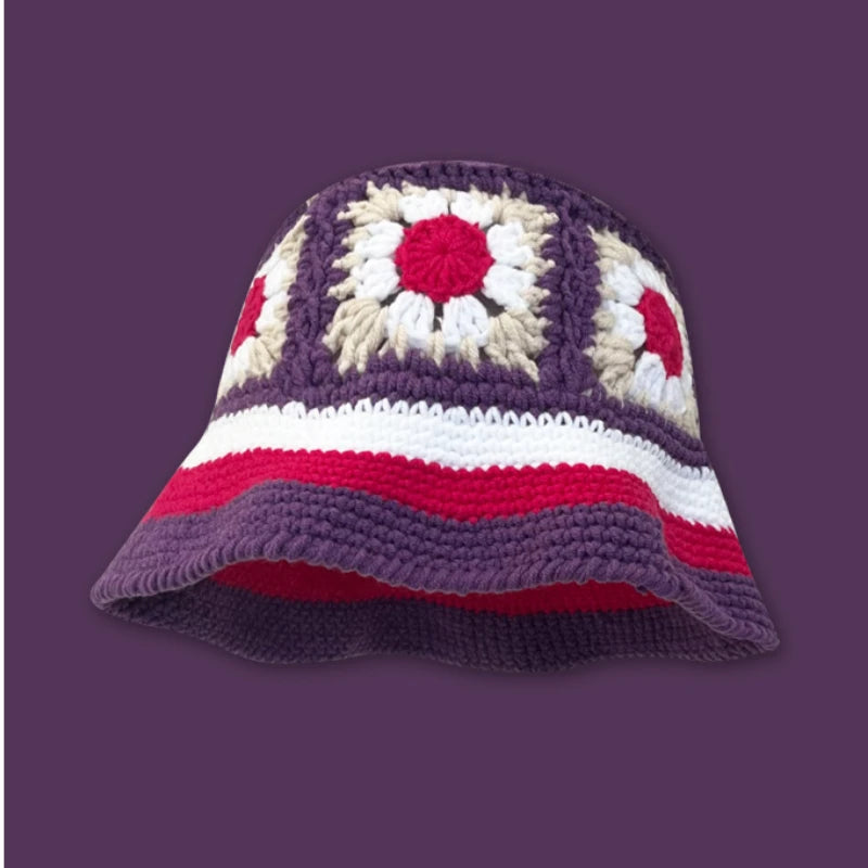 Crochet Flower Bucket Hat – Knitted Y2K Beanie for Women