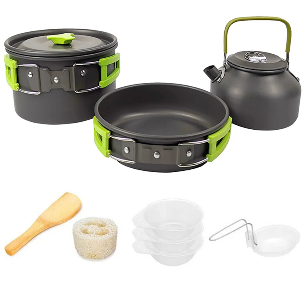 Portable Camping Cookware Set – Non-Stick Pots, Teapot, and Tableware