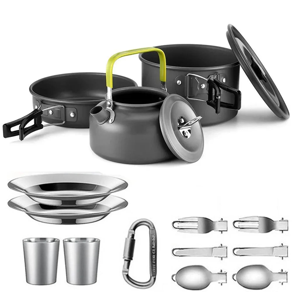Portable Camping Cookware Set – Non-Stick Pots, Teapot, and Tableware