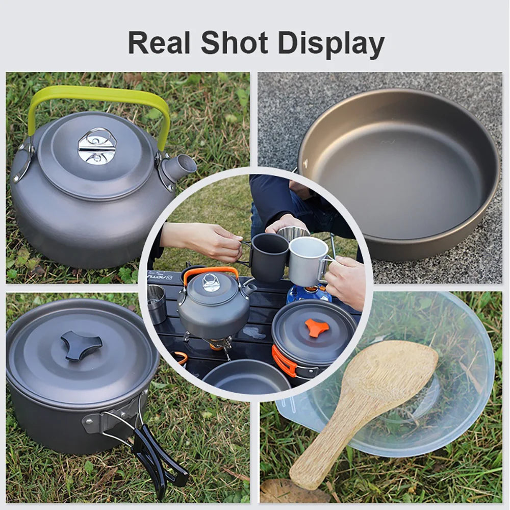 Portable Camping Cookware Set – Non-Stick Pots, Teapot, and Tableware