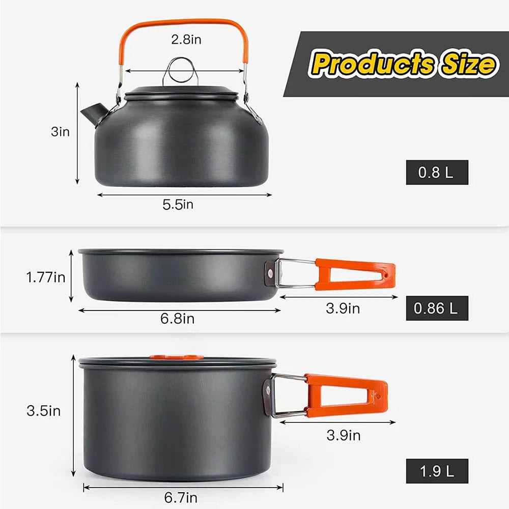 Portable Camping Cookware Set – Non-Stick Pots, Teapot, and Tableware