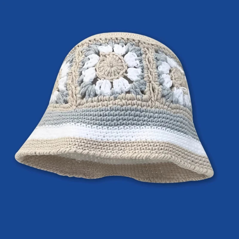 Crochet Flower Bucket Hat – Knitted Y2K Beanie for Women