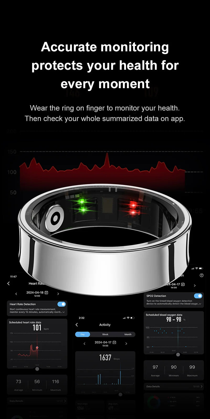 Smart Health Tracking Ring – Monitor Skin Temp, Track Sports, Waterproof