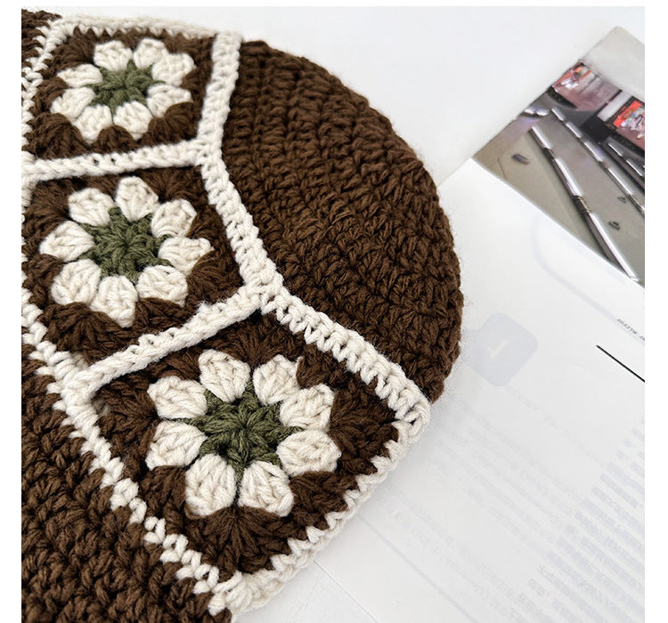 Crochet Flower Bucket Hat – Knitted Y2K Beanie for Women