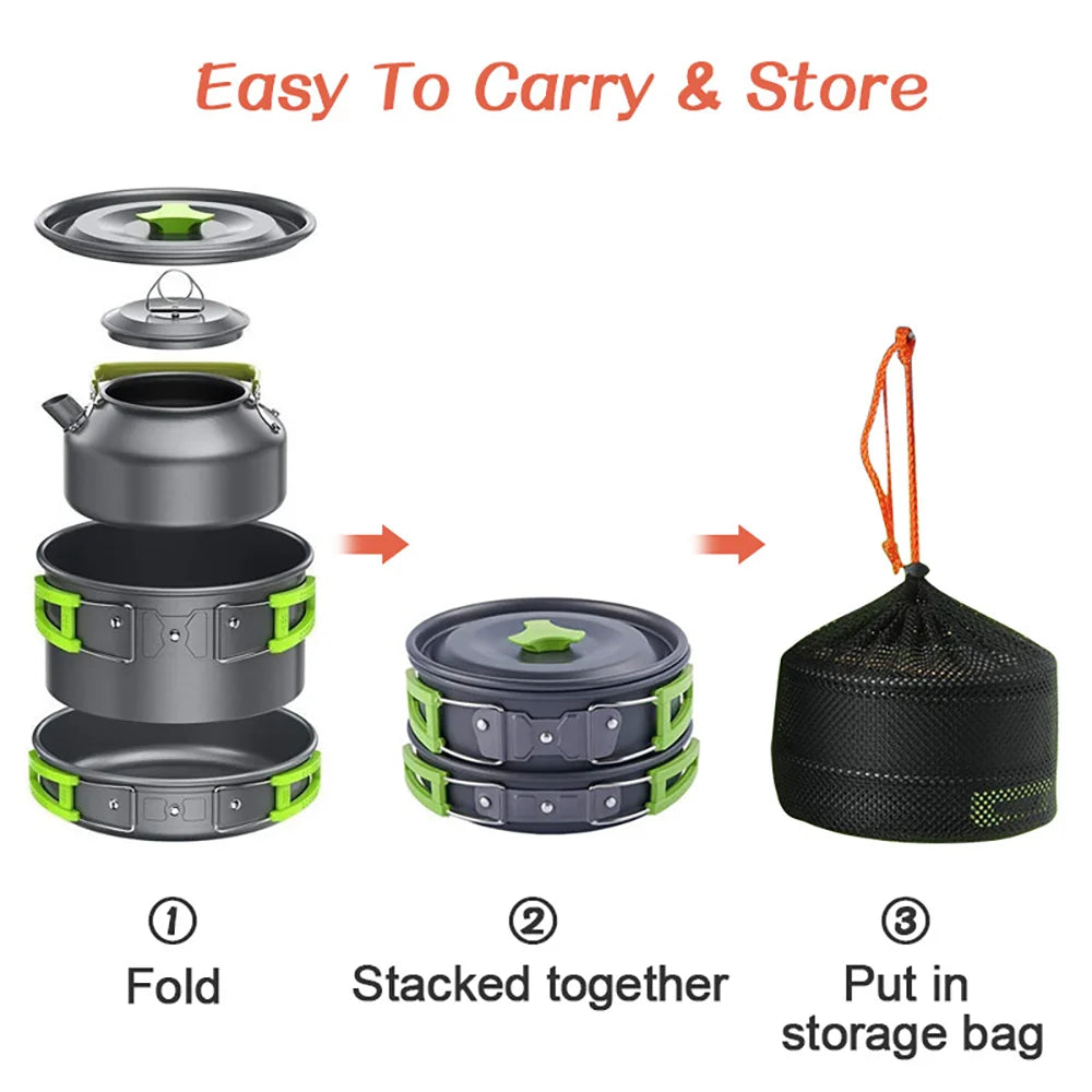 Portable Camping Cookware Set – Non-Stick Pots, Teapot, and Tableware