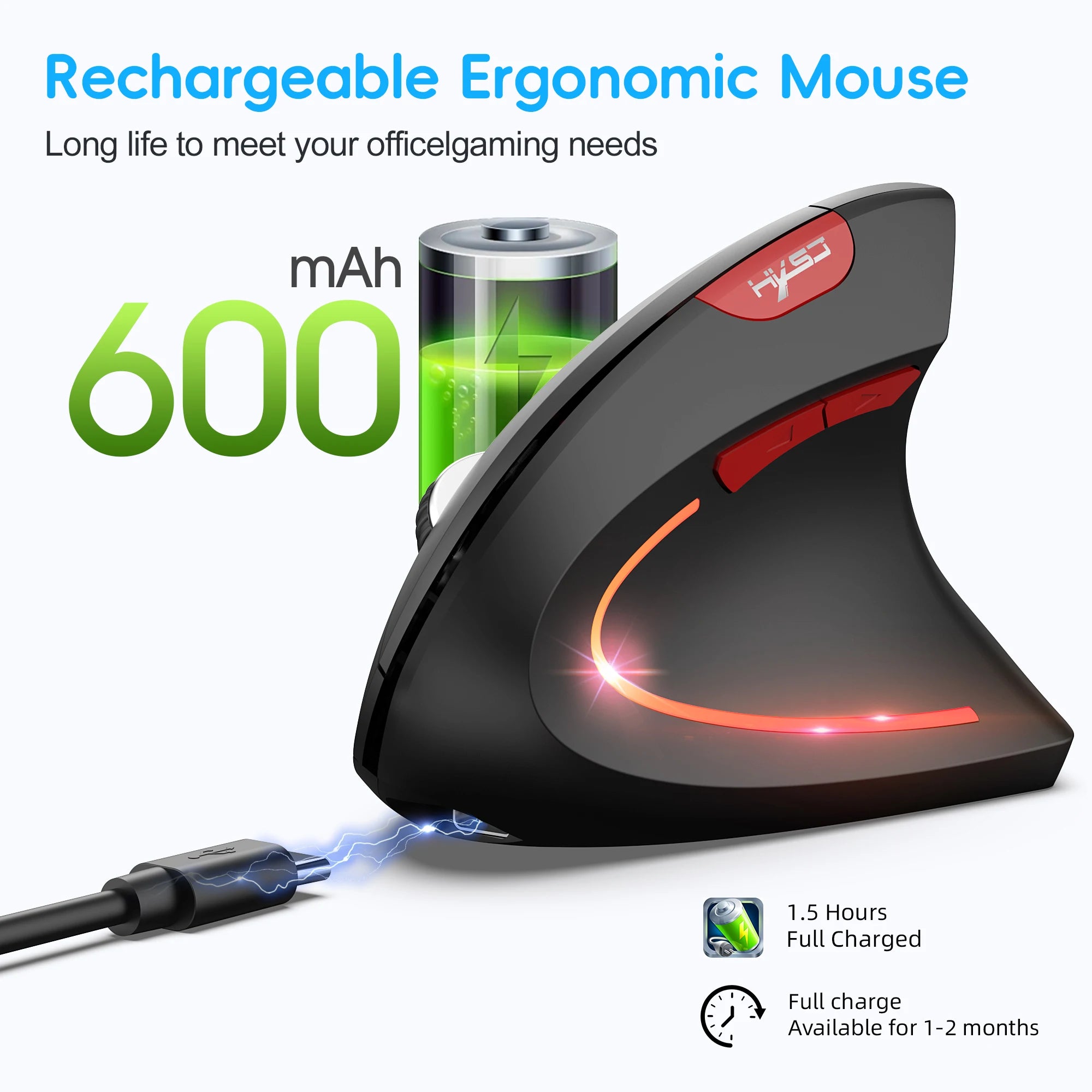 2025 HXSJ Dual-Mode Vertical Ergonomic Mouse, 600mAh Rechargeable 2400DPI Type-C Wireless Mouse for PC
