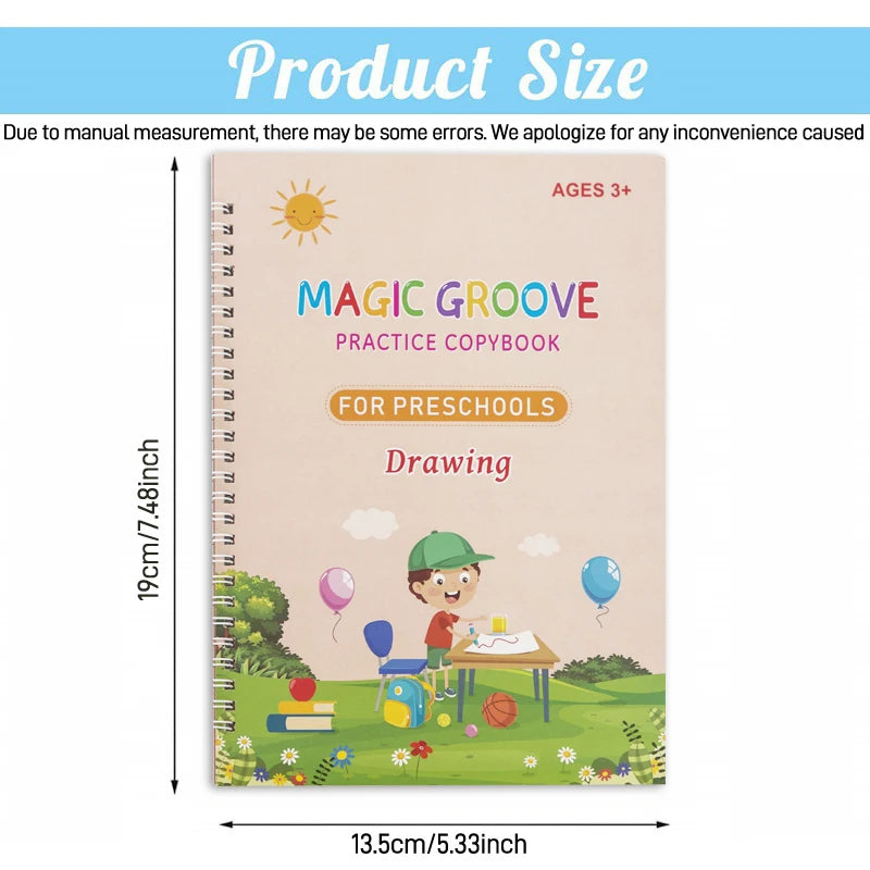 4pcs Reusable Magic Copybook Set for Kids – Handwriting Practice & Groove Guide