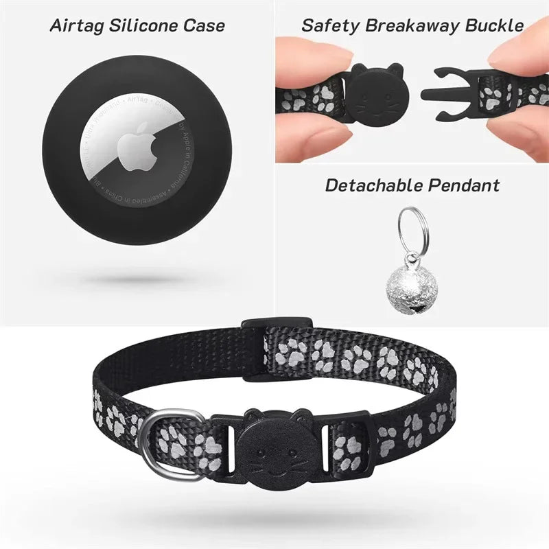 Adjustable Reflective Cat Collar – Safety GPS with Airtag Holder and Bell