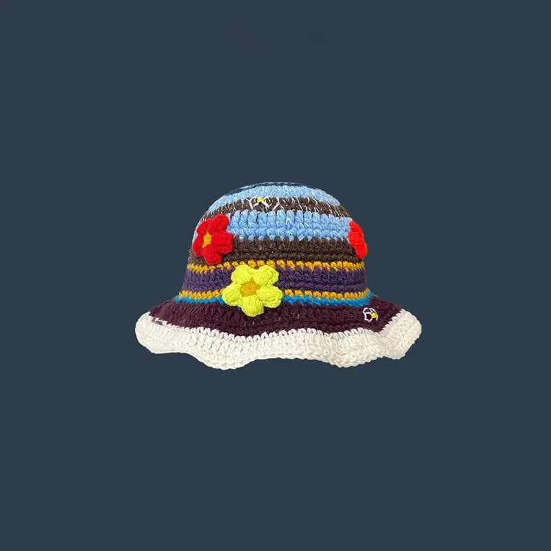 Crochet Flower Bucket Hat – Knitted Y2K Beanie for Women