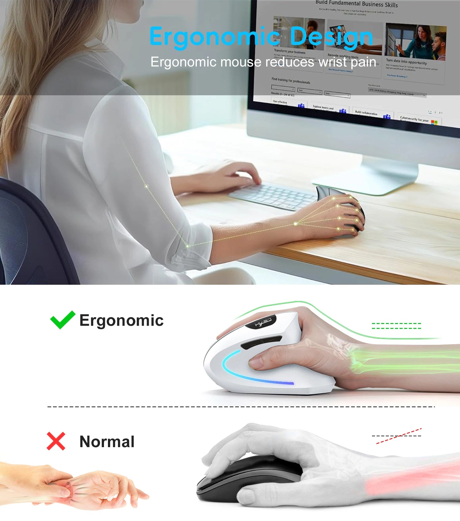 2025 HXSJ Dual-Mode Vertical Ergonomic Mouse, 600mAh Rechargeable 2400DPI Type-C Wireless Mouse for PC