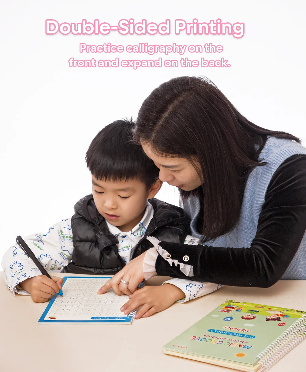 4pcs Reusable Magic Copybook Set for Kids – Handwriting Practice & Groove Guide