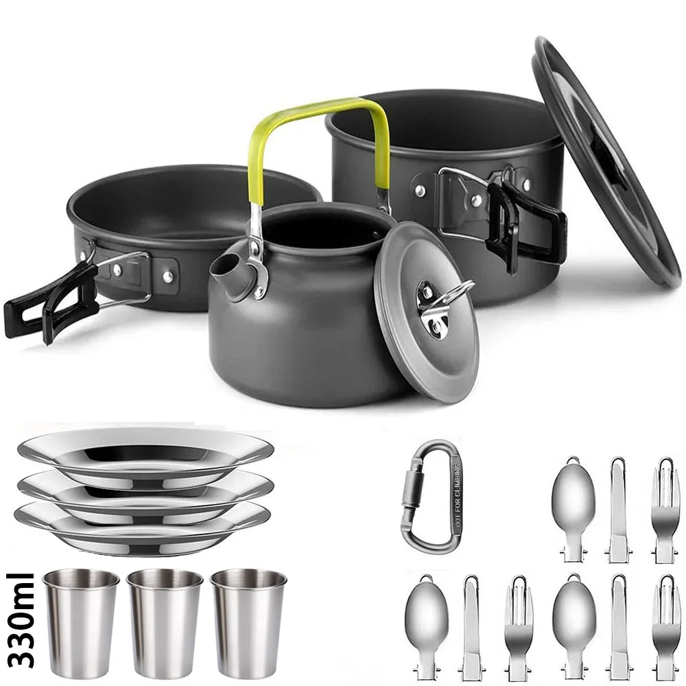 Portable Camping Cookware Set – Non-Stick Pots, Teapot, and Tableware