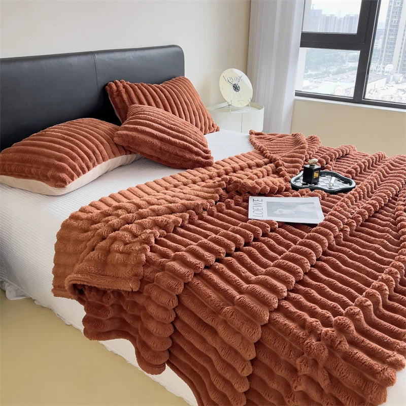 Solid color striped multifunctional AC blanket — for bed, nap, or pet use.
