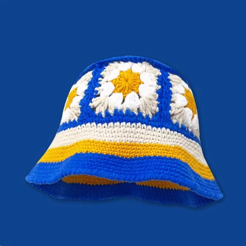 Crochet Flower Bucket Hat – Knitted Y2K Beanie for Women