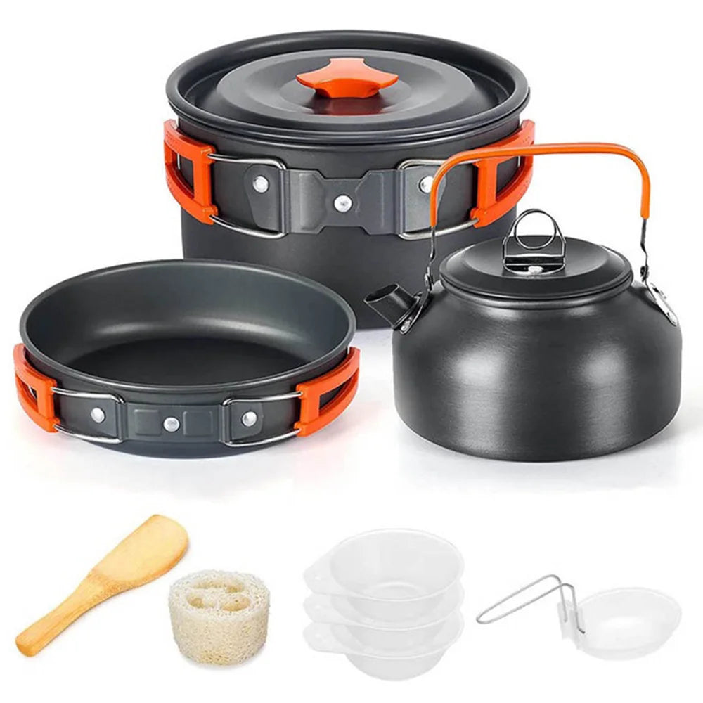 Portable Camping Cookware Set – Non-Stick Pots, Teapot, and Tableware